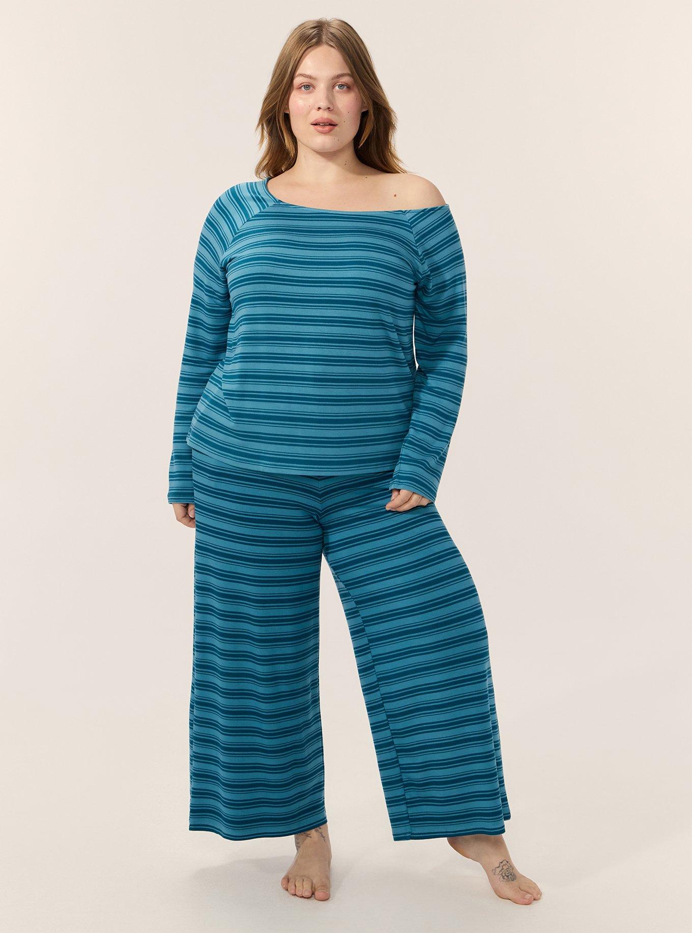 French Terry Off-Shoulder Top, KIRSTEN STRIPE TEAL, alternate