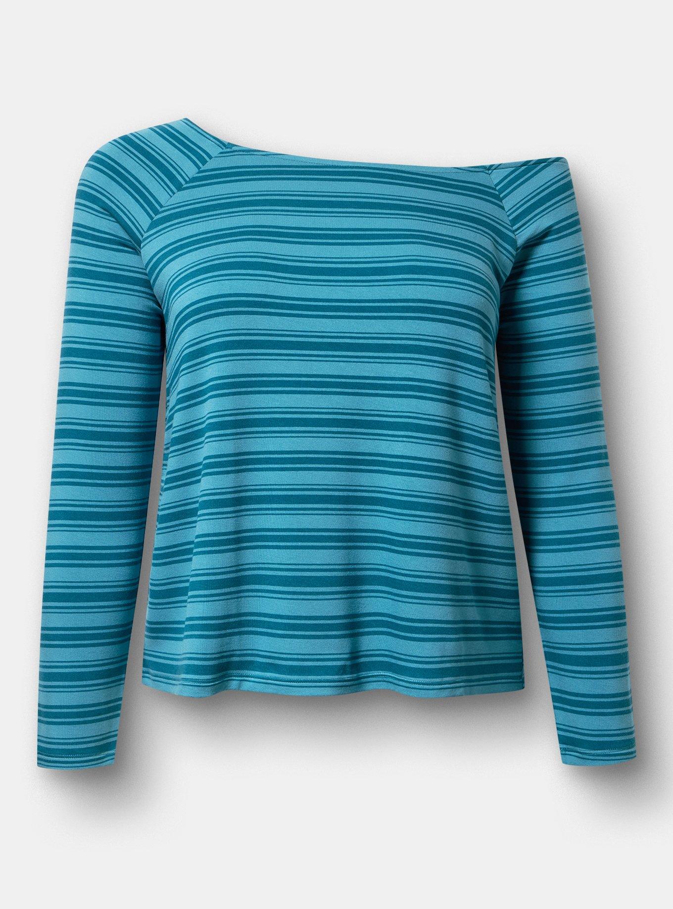 French Terry Off-Shoulder Top, KIRSTEN STRIPE TEAL, flat