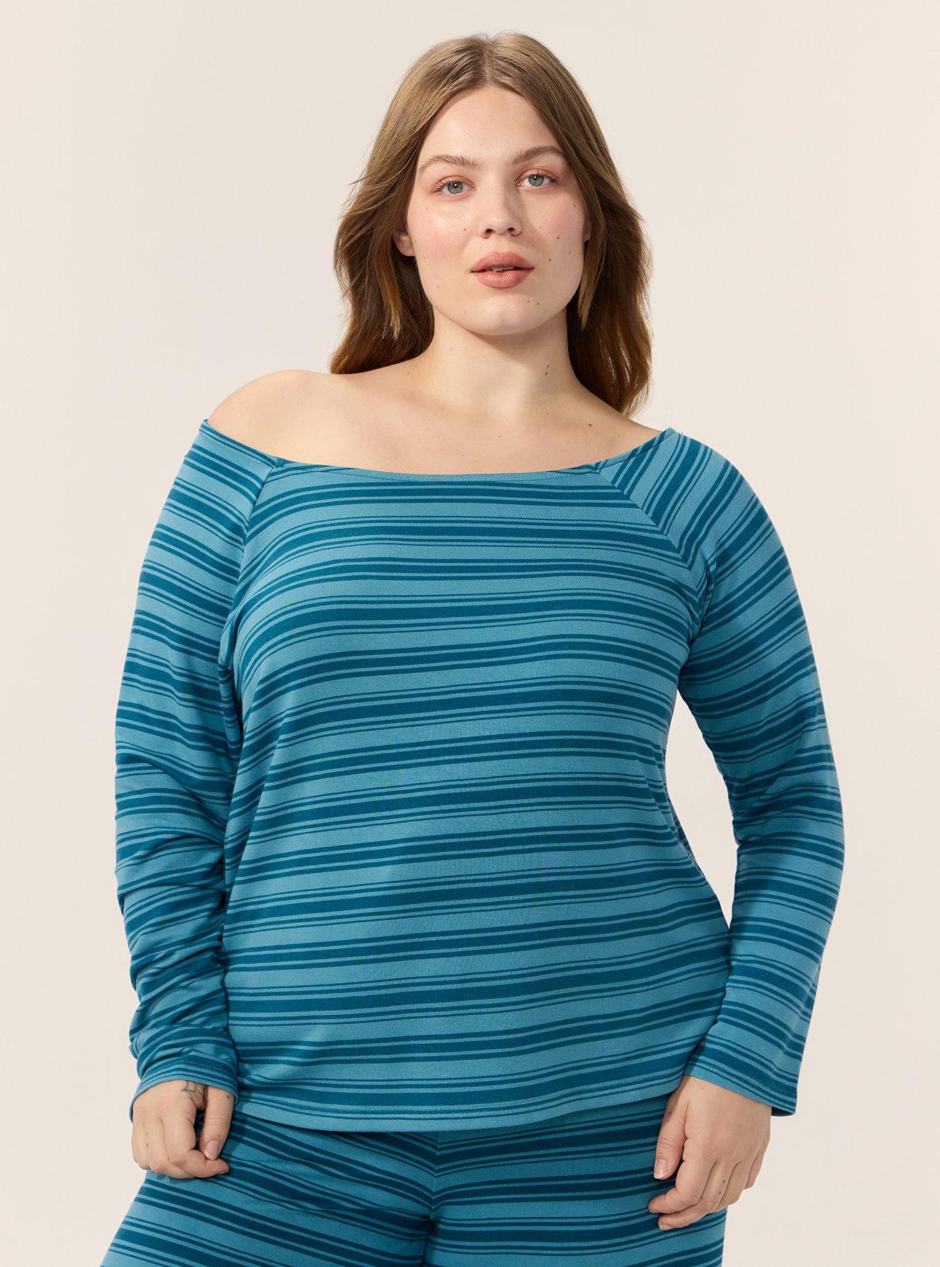 French Terry Off-Shoulder Top, KIRSTEN STRIPE TEAL, hi-res