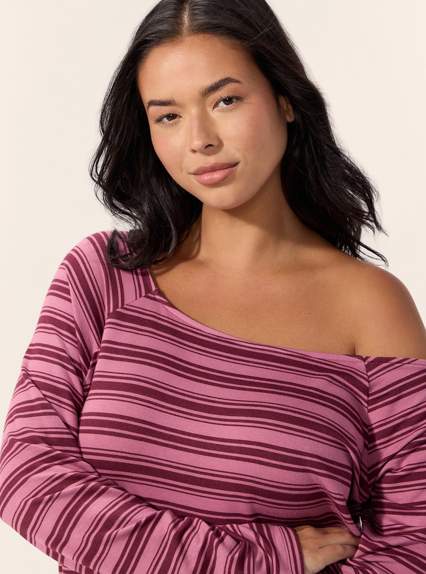 French Terry Off-Shoulder Top, KIRSTEN STRIPE MAUVE, alternate
