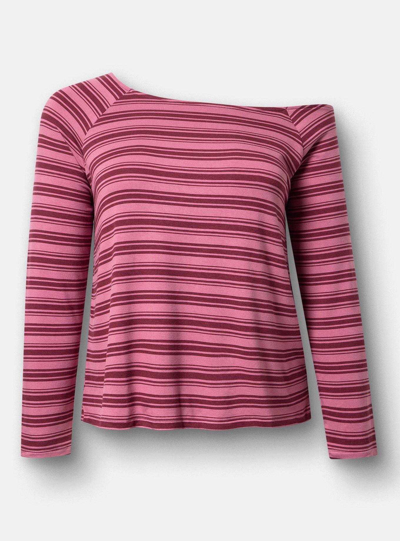 French Terry Off-Shoulder Top, KIRSTEN STRIPE MAUVE, flat
