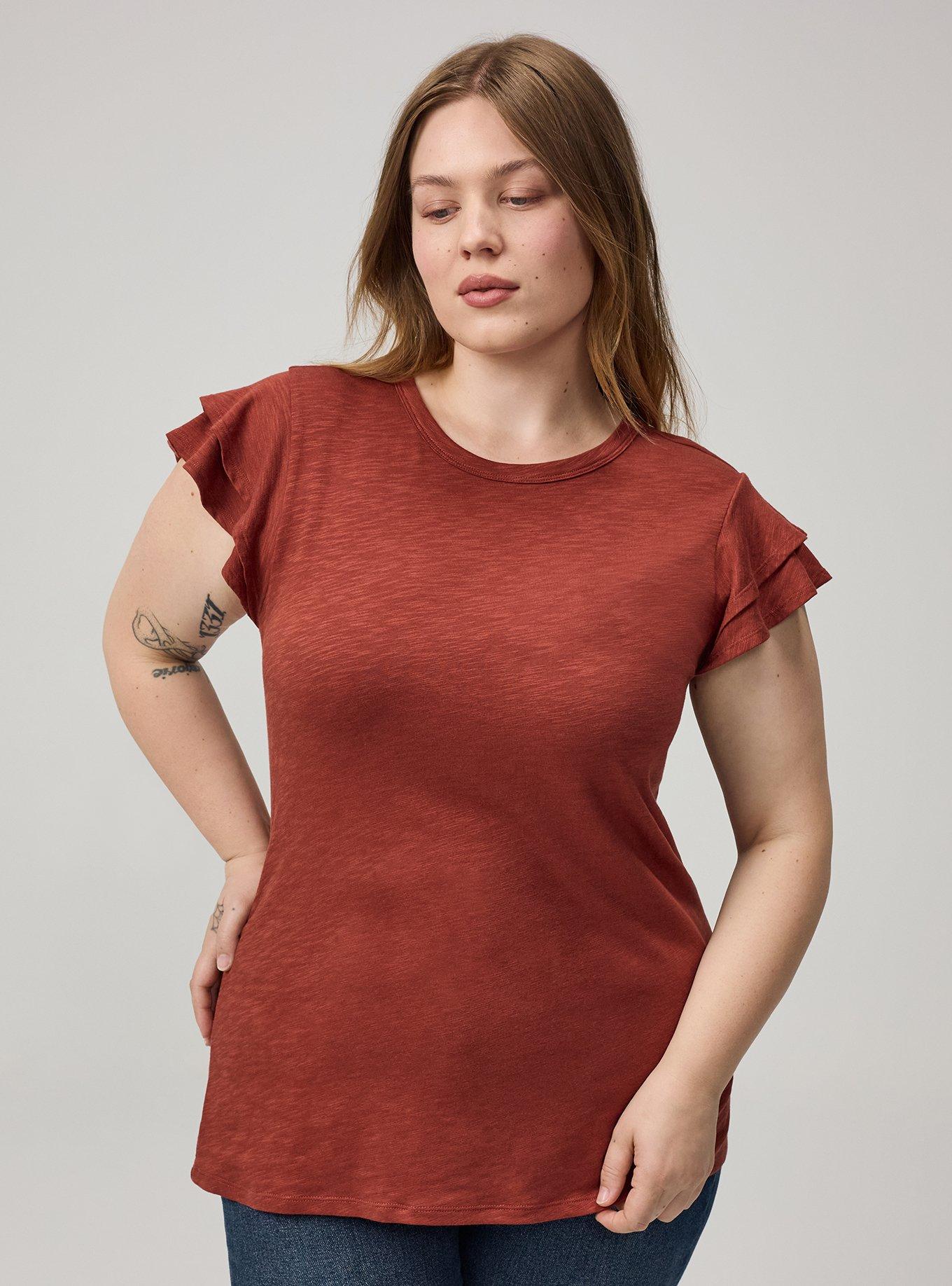 Vintage Slub Crew Double Ruffle Sleeve Tee, ROASTED RUSSET, hi-res