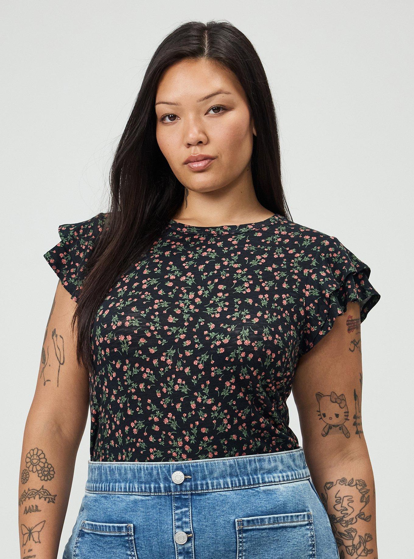 Vintage Slub Crew Double Ruffle Sleeve Tee, ALISON DITSY FLORAL BLACK, alternate