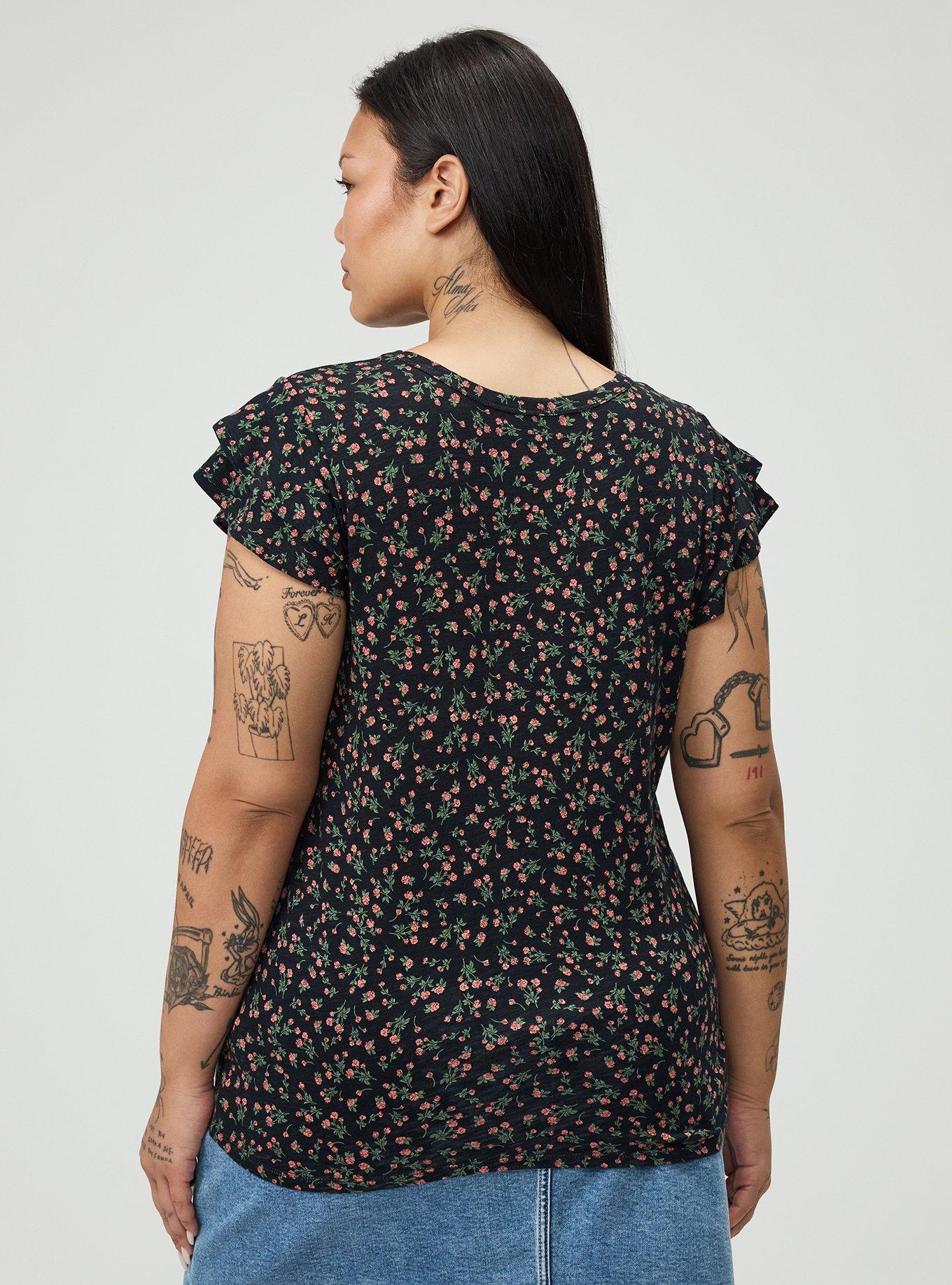 Vintage Slub Crew Double Ruffle Sleeve Tee, ALISON DITSY FLORAL BLACK, alternate