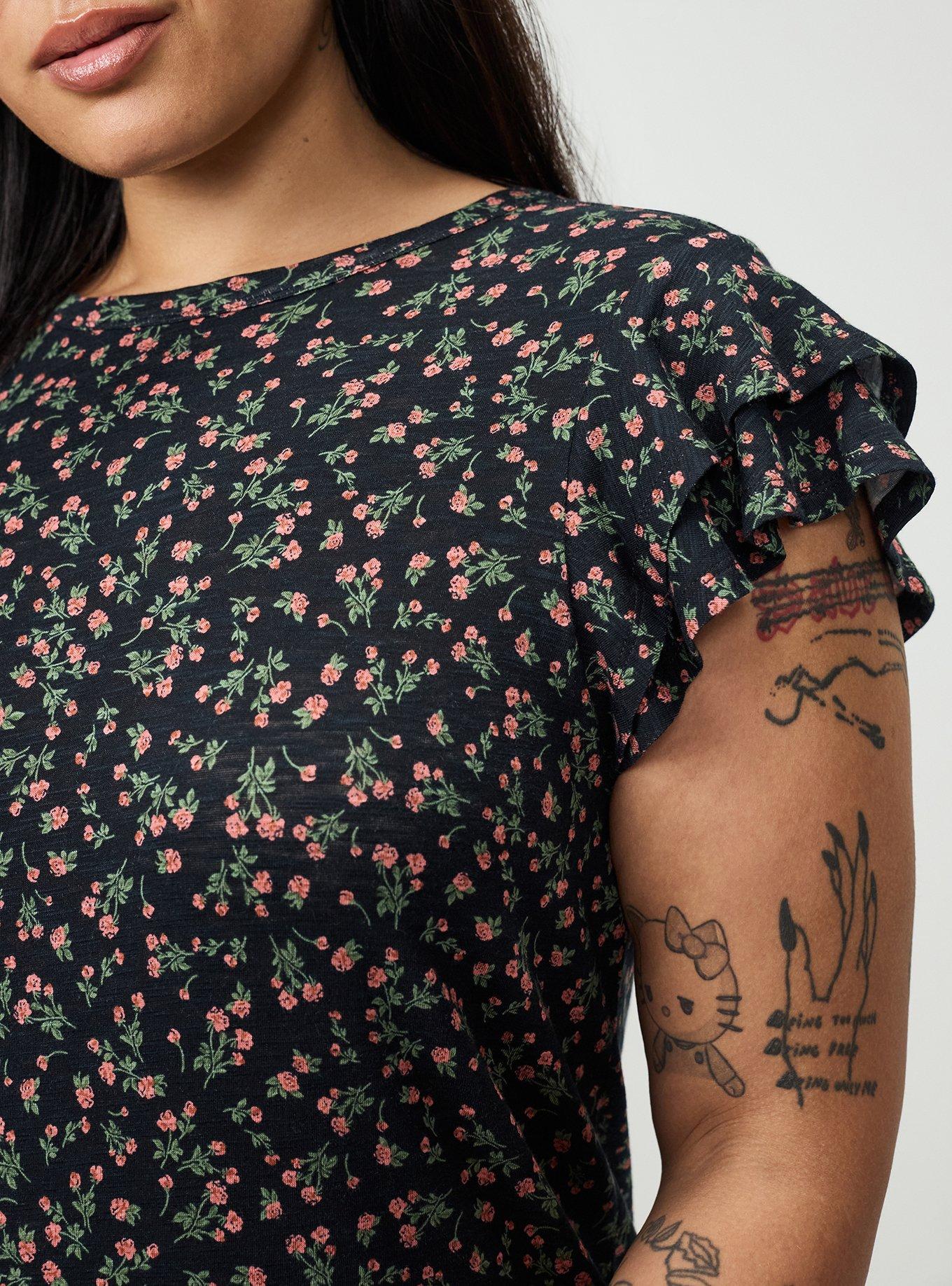 Vintage Slub Crew Double Ruffle Sleeve Tee, ALISON DITSY FLORAL BLACK, alternate