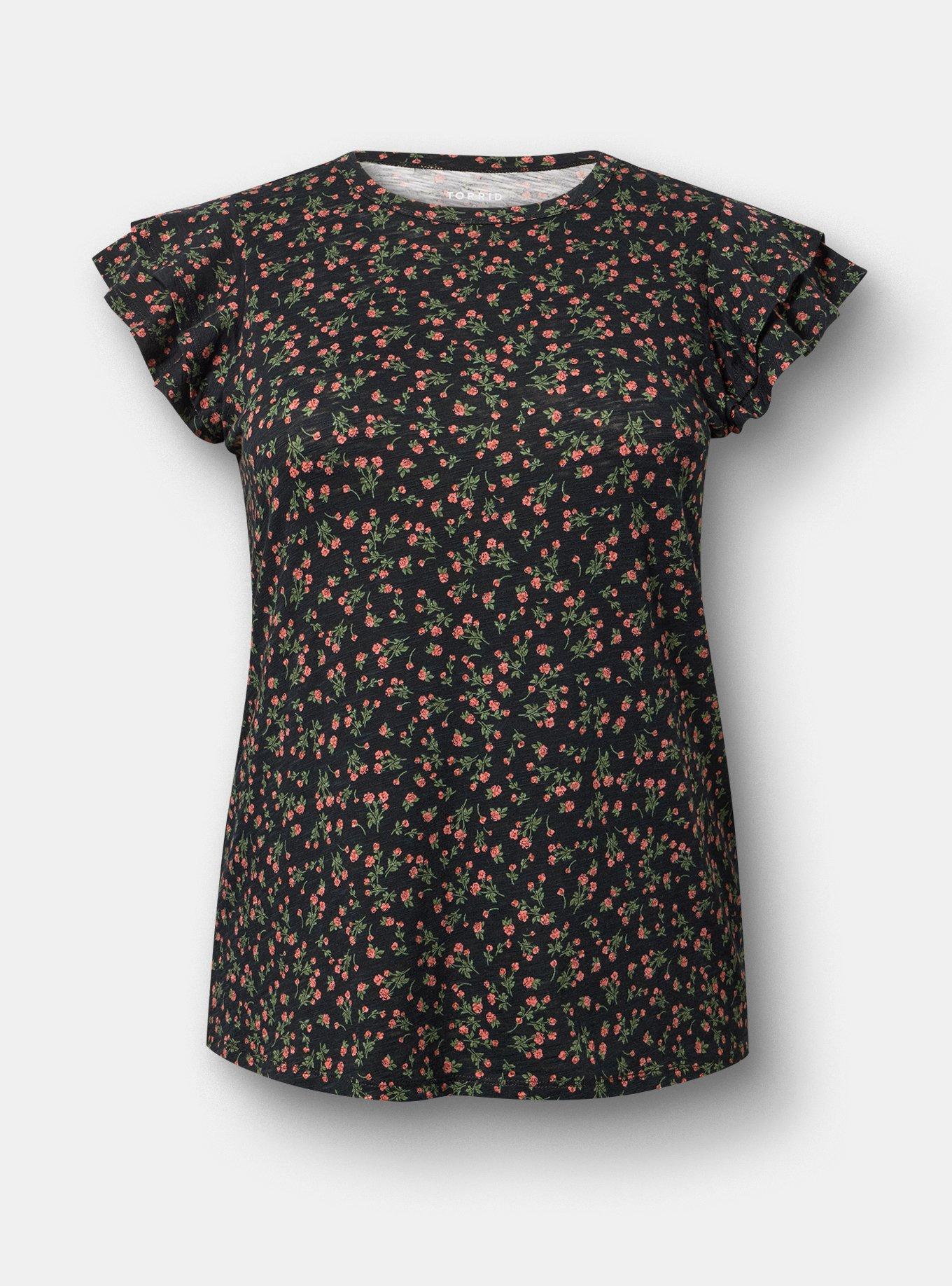 Vintage Slub Crew Double Ruffle Sleeve Tee, ALISON DITSY FLORAL BLACK, hi-res