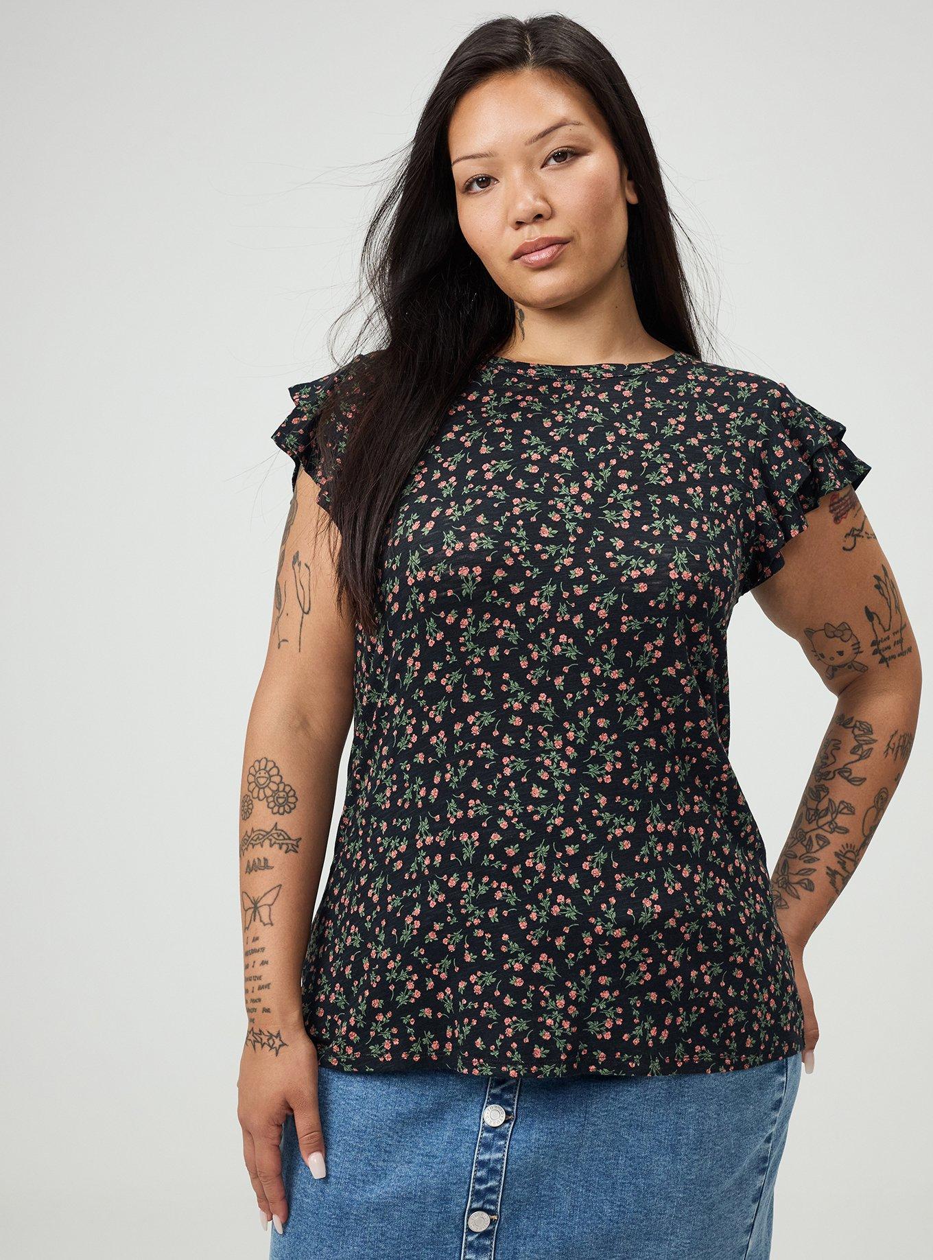 Vintage Slub Crew Double Ruffle Sleeve Tee, ALISON DITSY FLORAL BLACK, hi-res