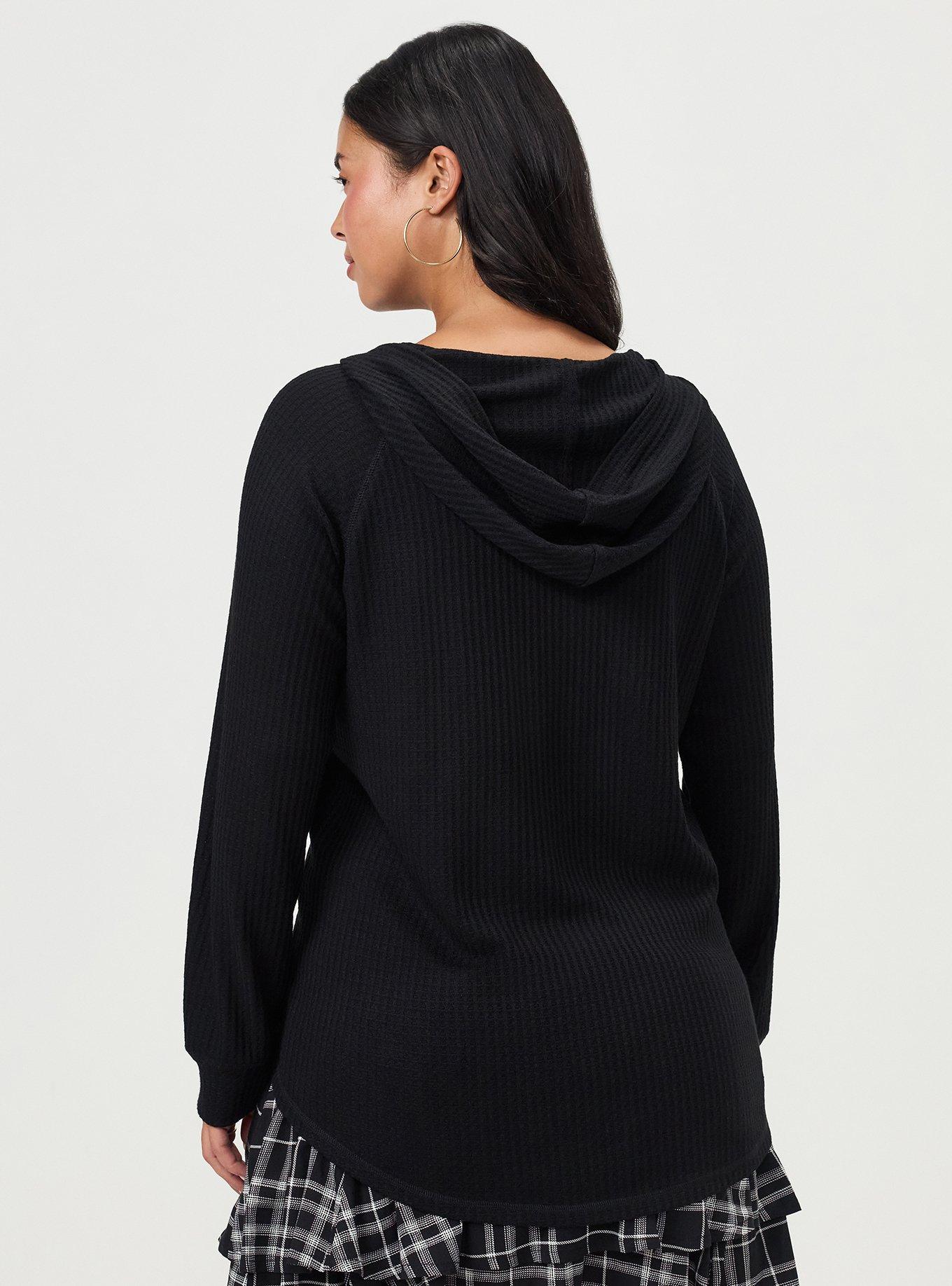 Plus Size Waffle Varsity Snap Front Hoodie, DEEP BLACK, alternate