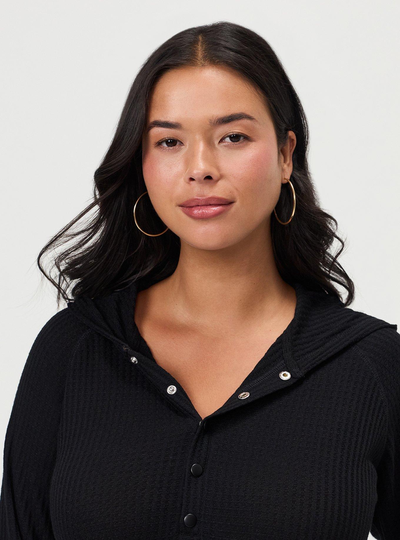Plus Size Waffle Varsity Snap Front Hoodie, DEEP BLACK, alternate