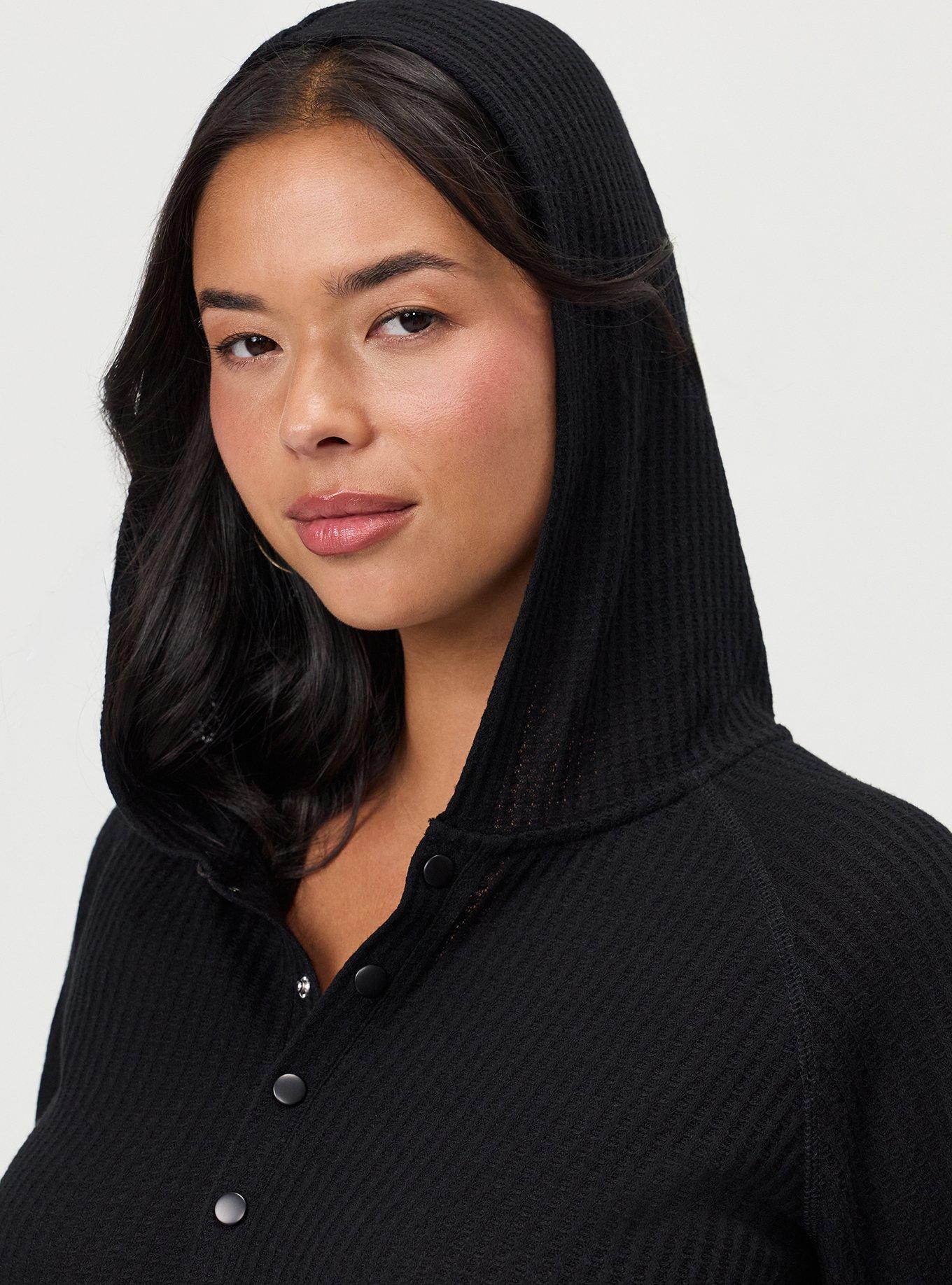 Plus Size Waffle Varsity Snap Front Hoodie, DEEP BLACK, alternate