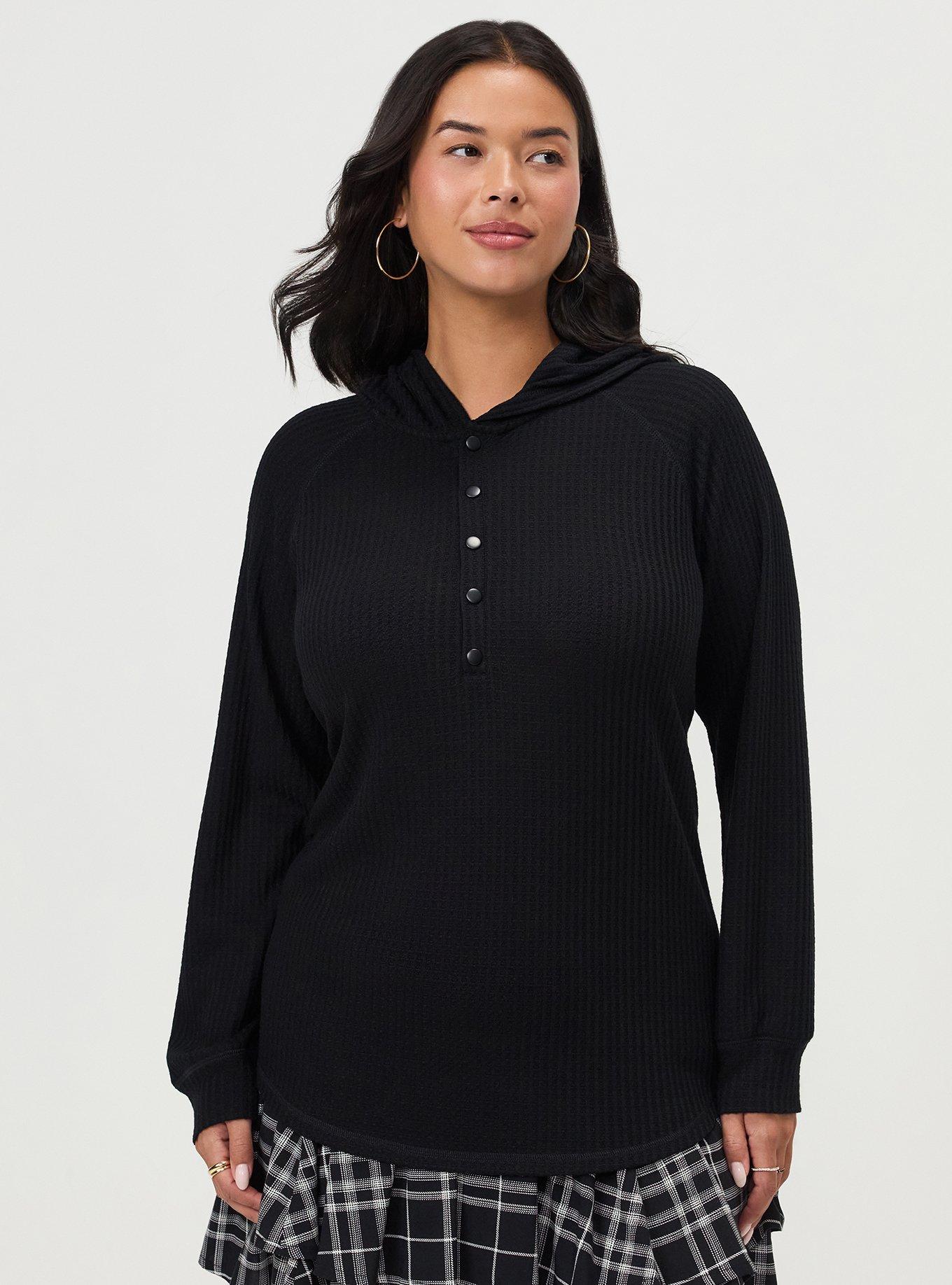 Plus Size Waffle Varsity Snap Front Hoodie, DEEP BLACK, hi-res
