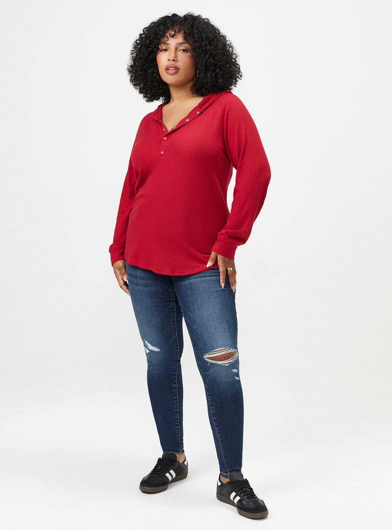 Plus Size Waffle Varsity Snap Front Hoodie, JESTER RED, alternate