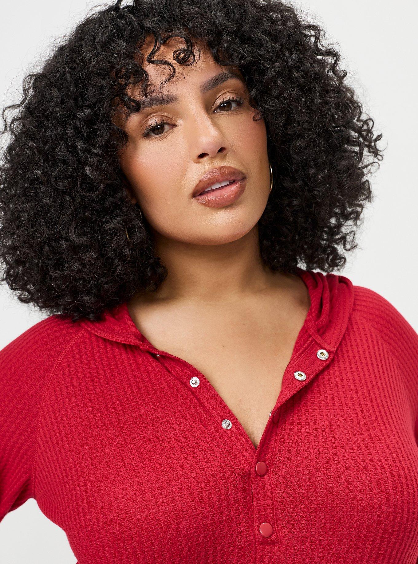 Plus Size Waffle Varsity Snap Front Hoodie, JESTER RED, alternate