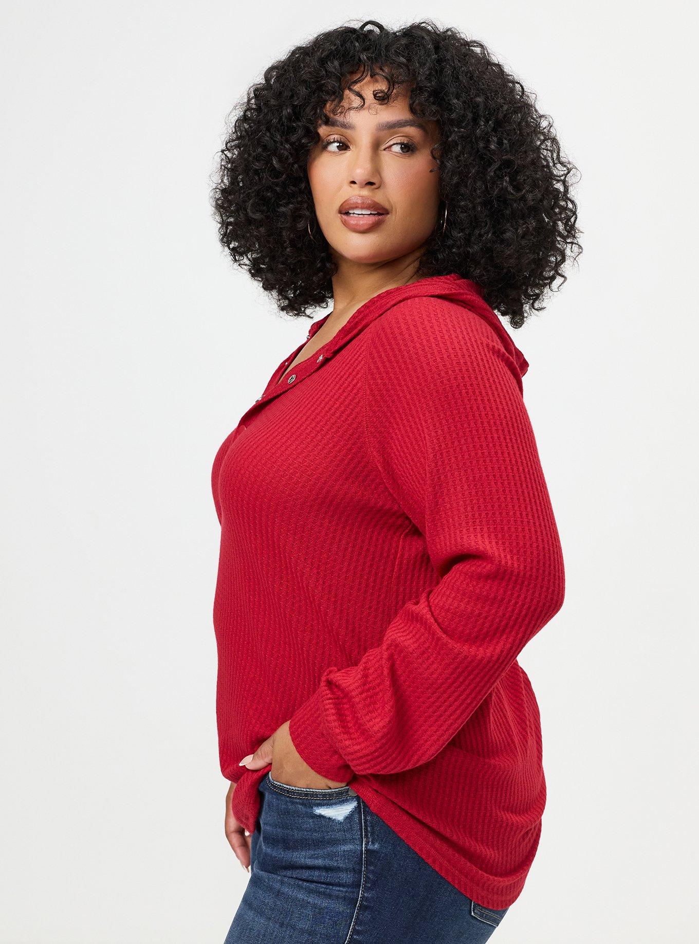 Plus Size Waffle Varsity Snap Front Hoodie, JESTER RED, alternate