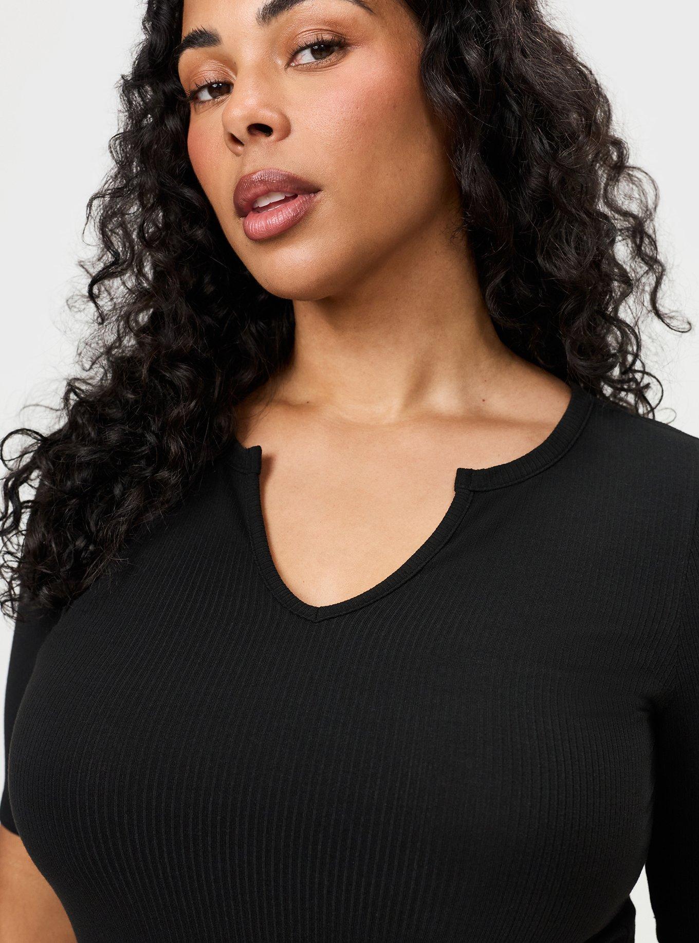 Super Soft Rib Notch Neck Henley Top, DEEP BLACK, alternate
