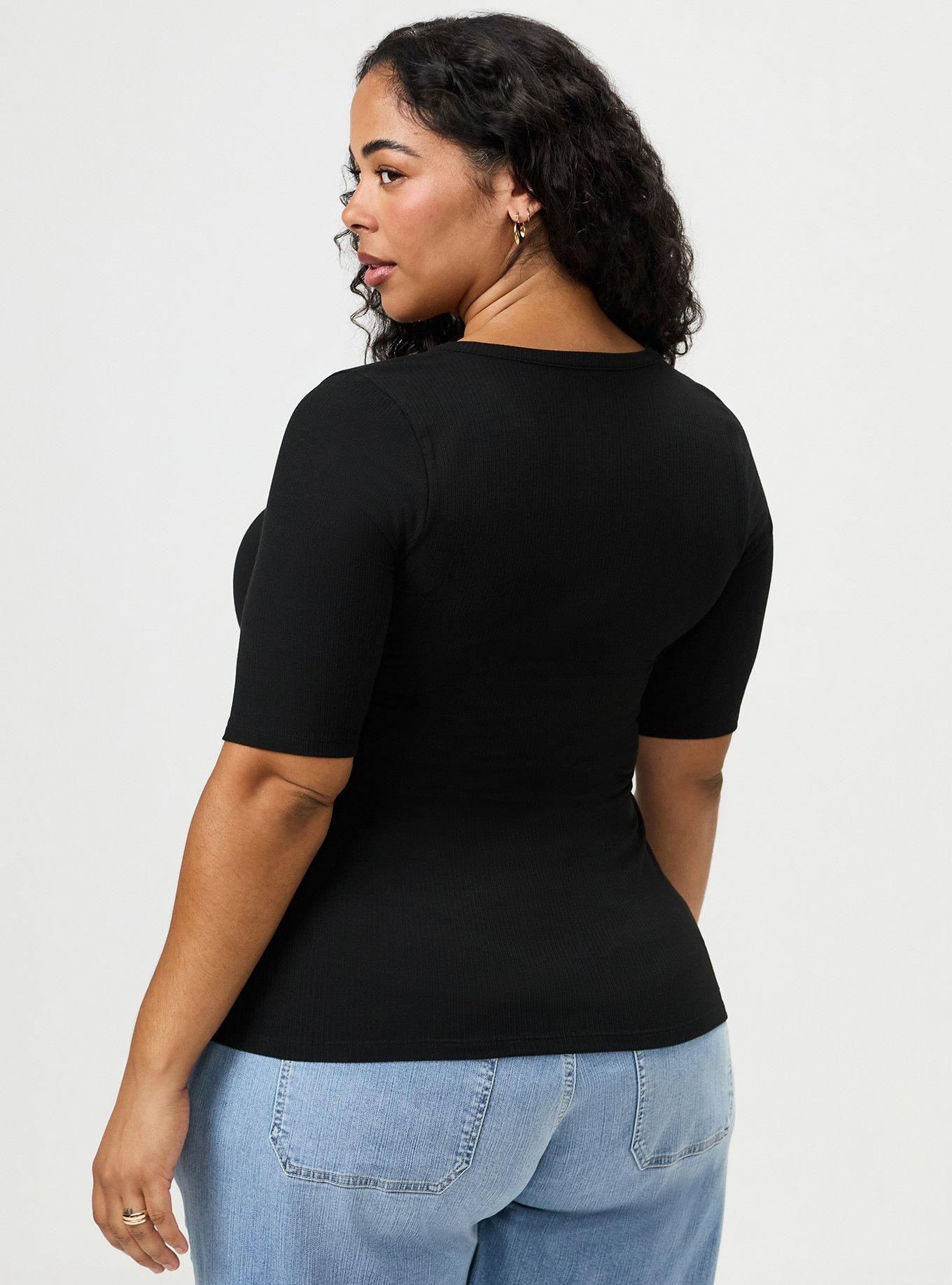Super Soft Rib Notch Neck Henley Top, DEEP BLACK, alternate