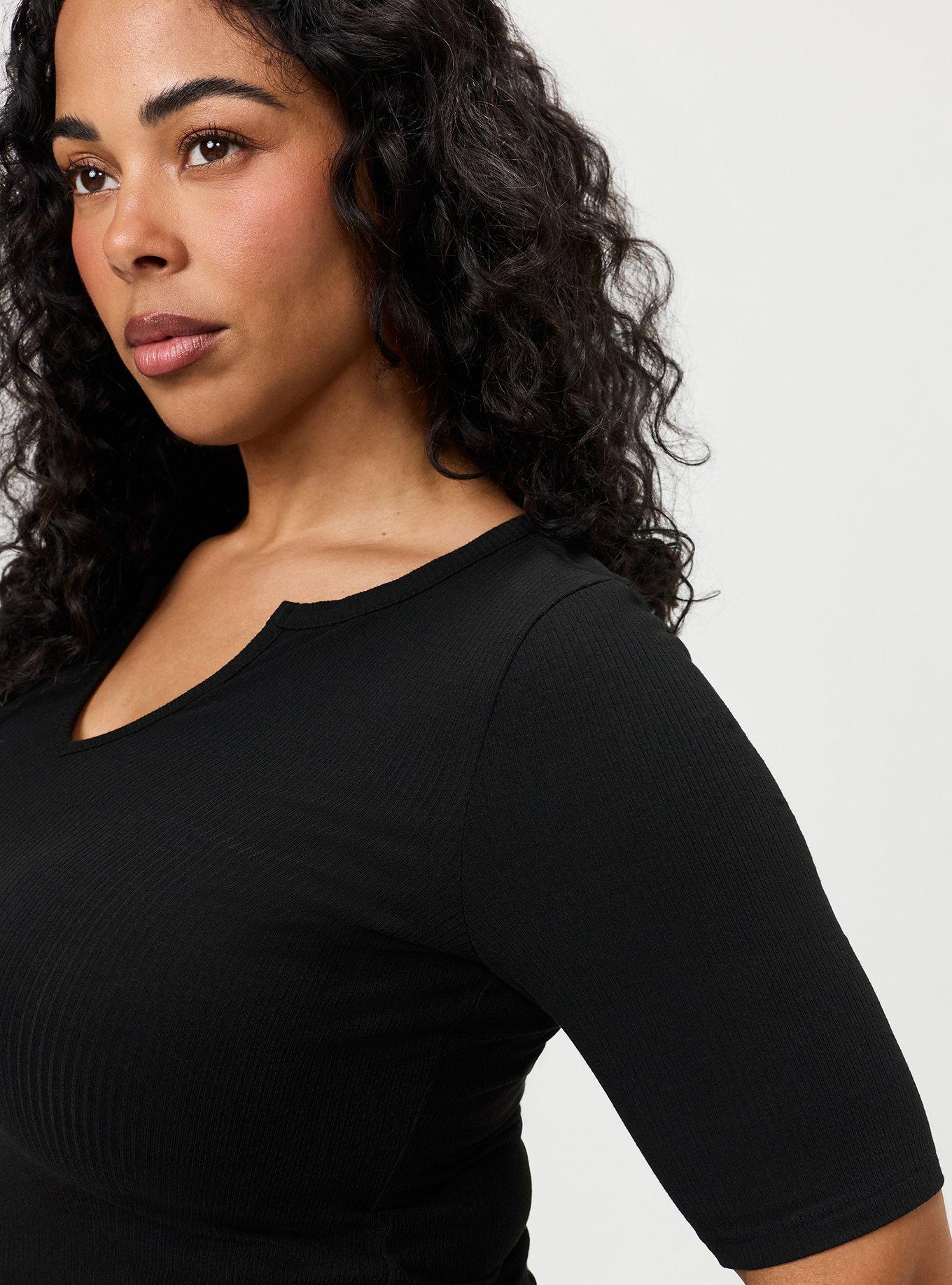 Super Soft Rib Notch Neck Henley Top, DEEP BLACK, alternate