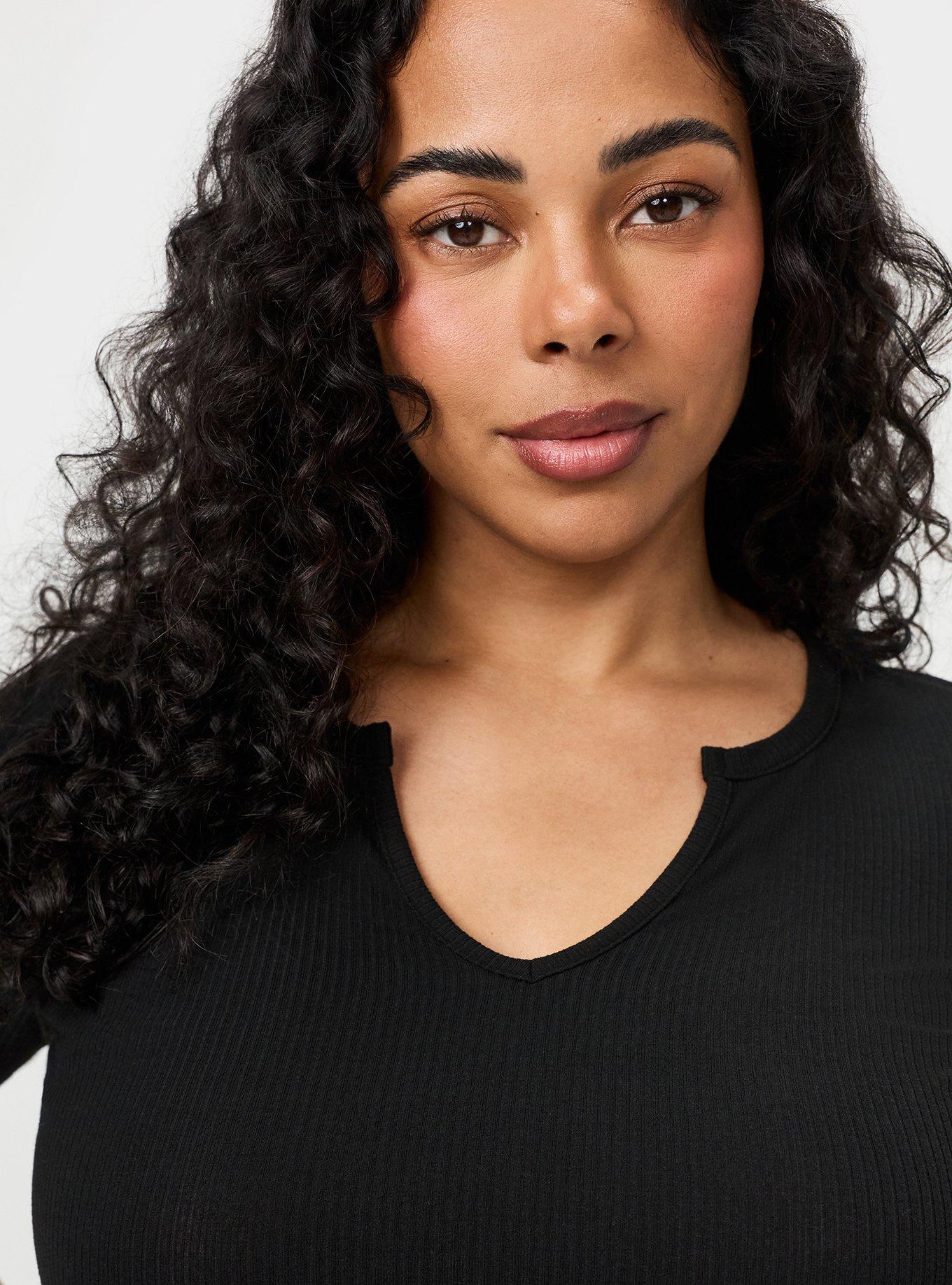 Super Soft Rib Notch Neck Henley Top, DEEP BLACK, alternate