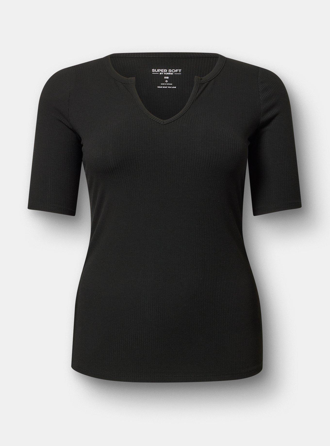 Super Soft Rib Notch Neck Henley Top, DEEP BLACK, flat