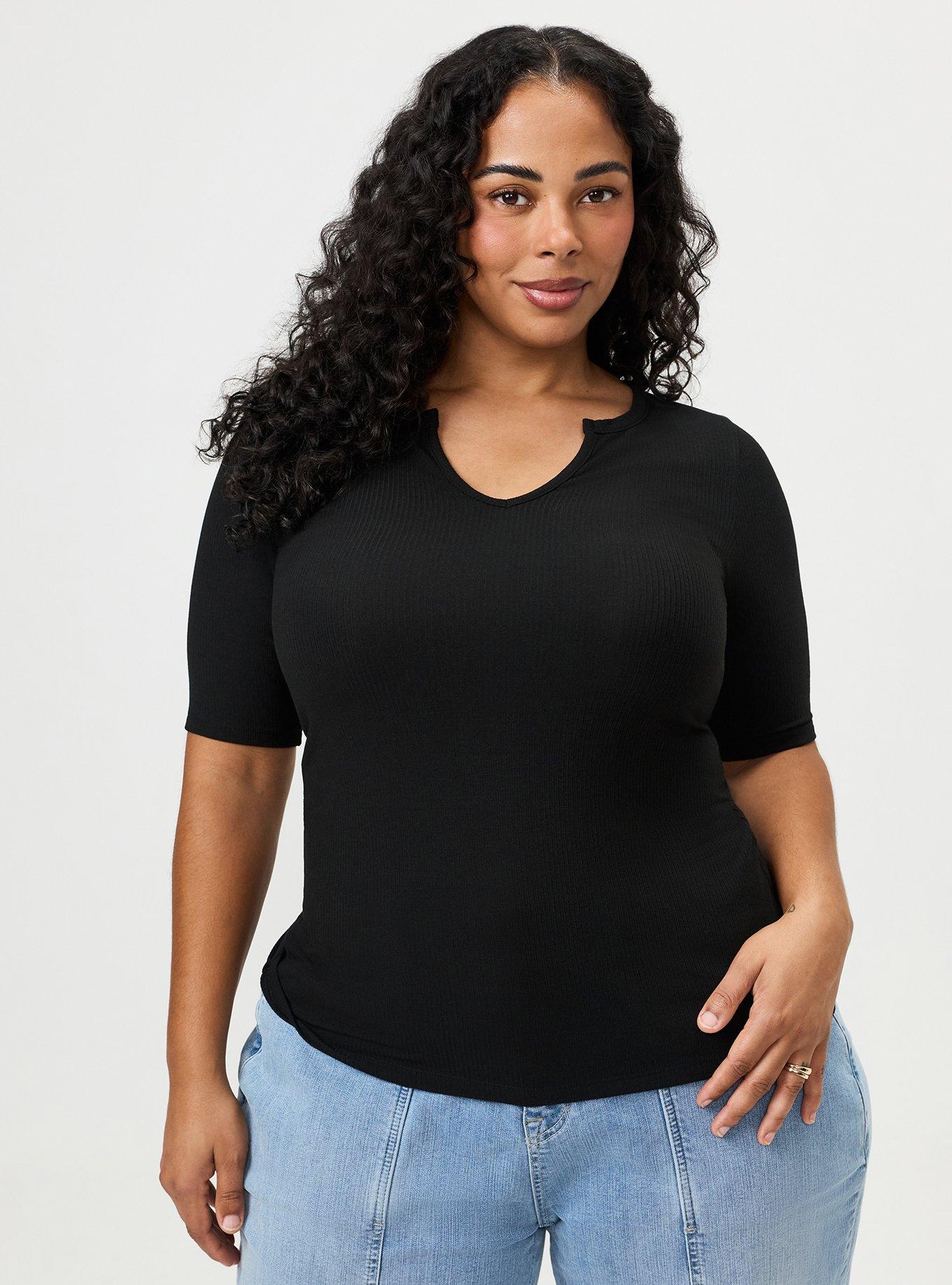 Super Soft Rib Notch Neck Henley Top, DEEP BLACK, hi-res