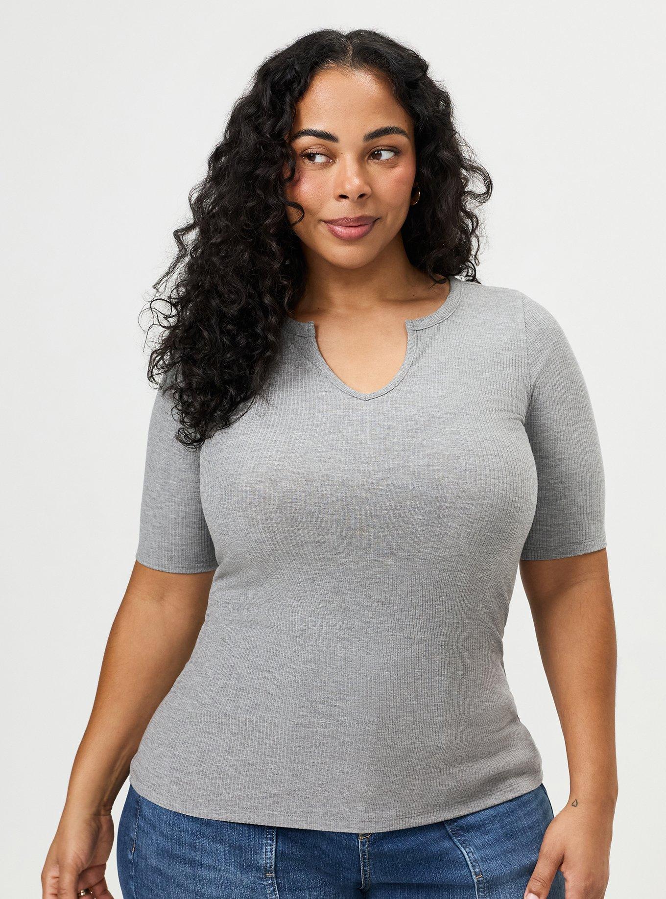 Super Soft Rib Notch Neck Henley Top, MED HEATHER GREY, hi-res