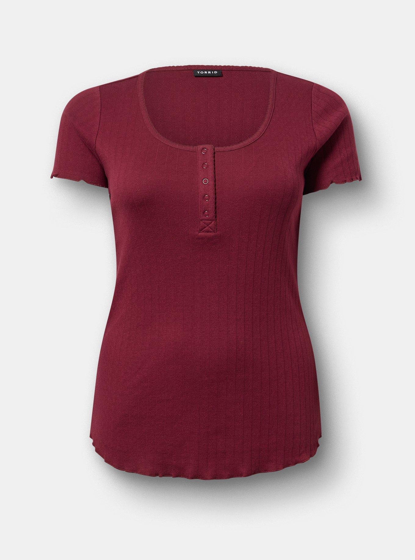 Pointelle Scoop Henley Tee, MAROON BANNER, hi-res