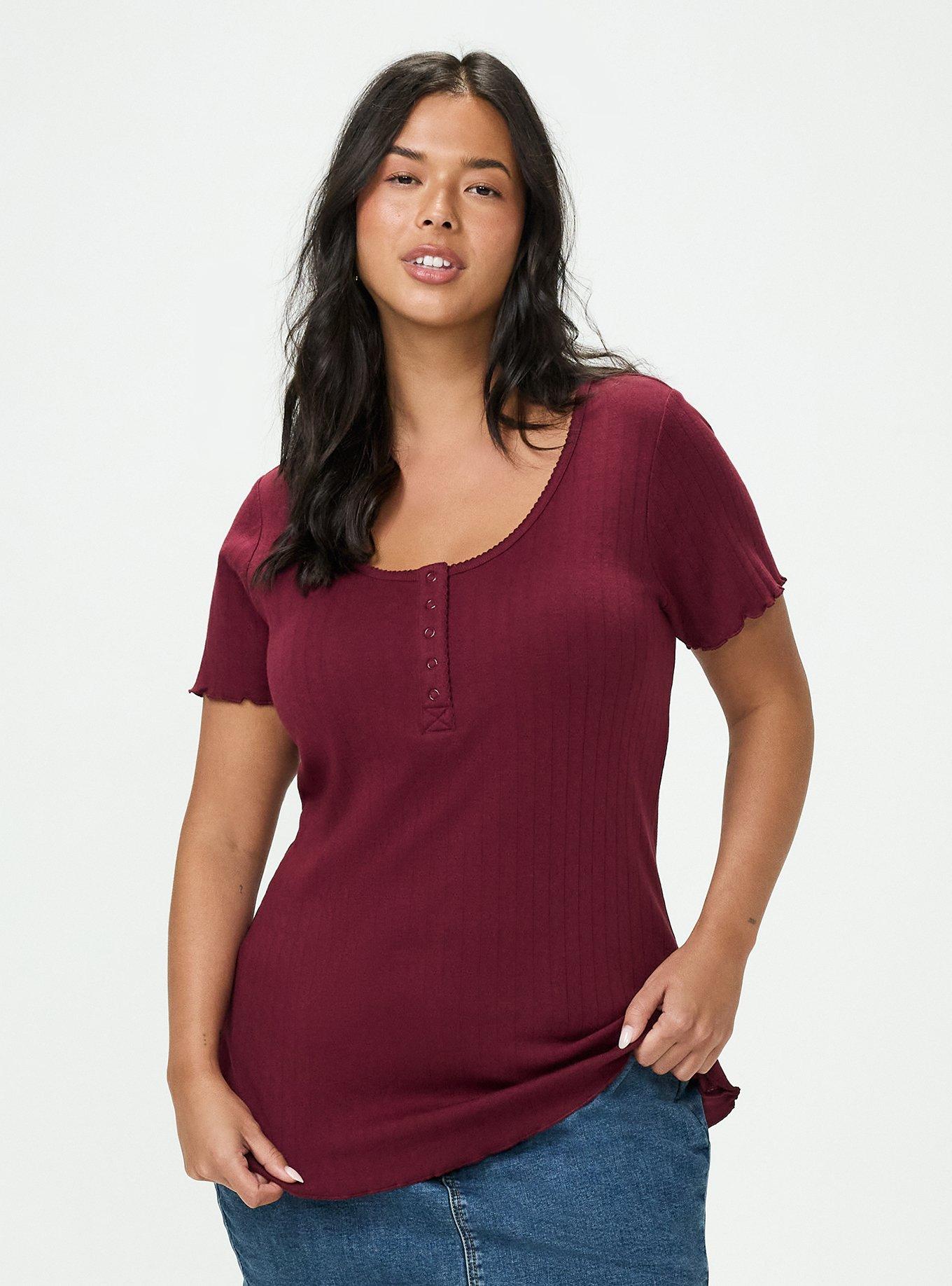Pointelle Scoop Henley Tee, MAROON BANNER, hi-res