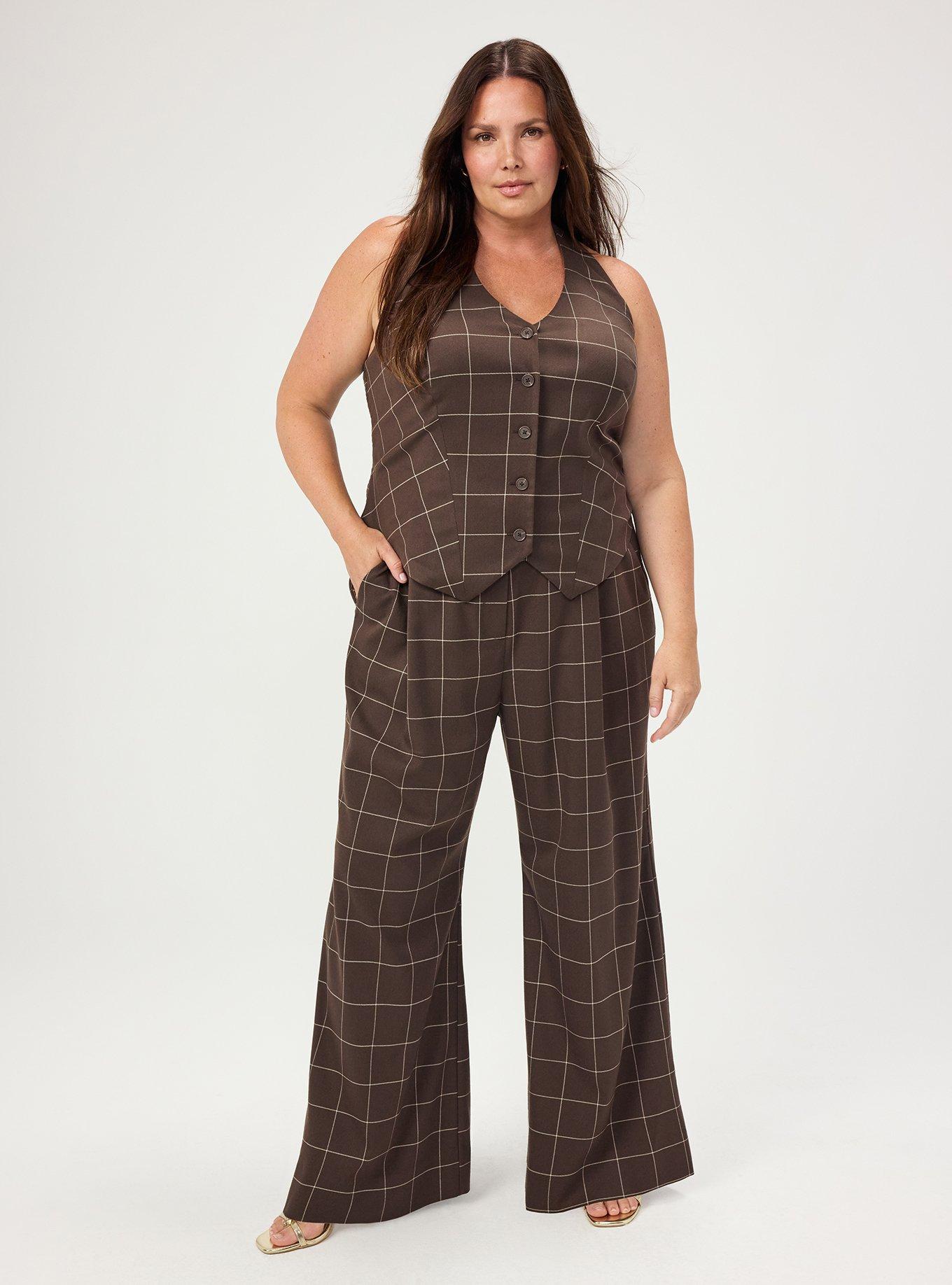 Plus Size Studio Luxe Twill Halter Top, THIN PANE PLAID BROWN, alternate