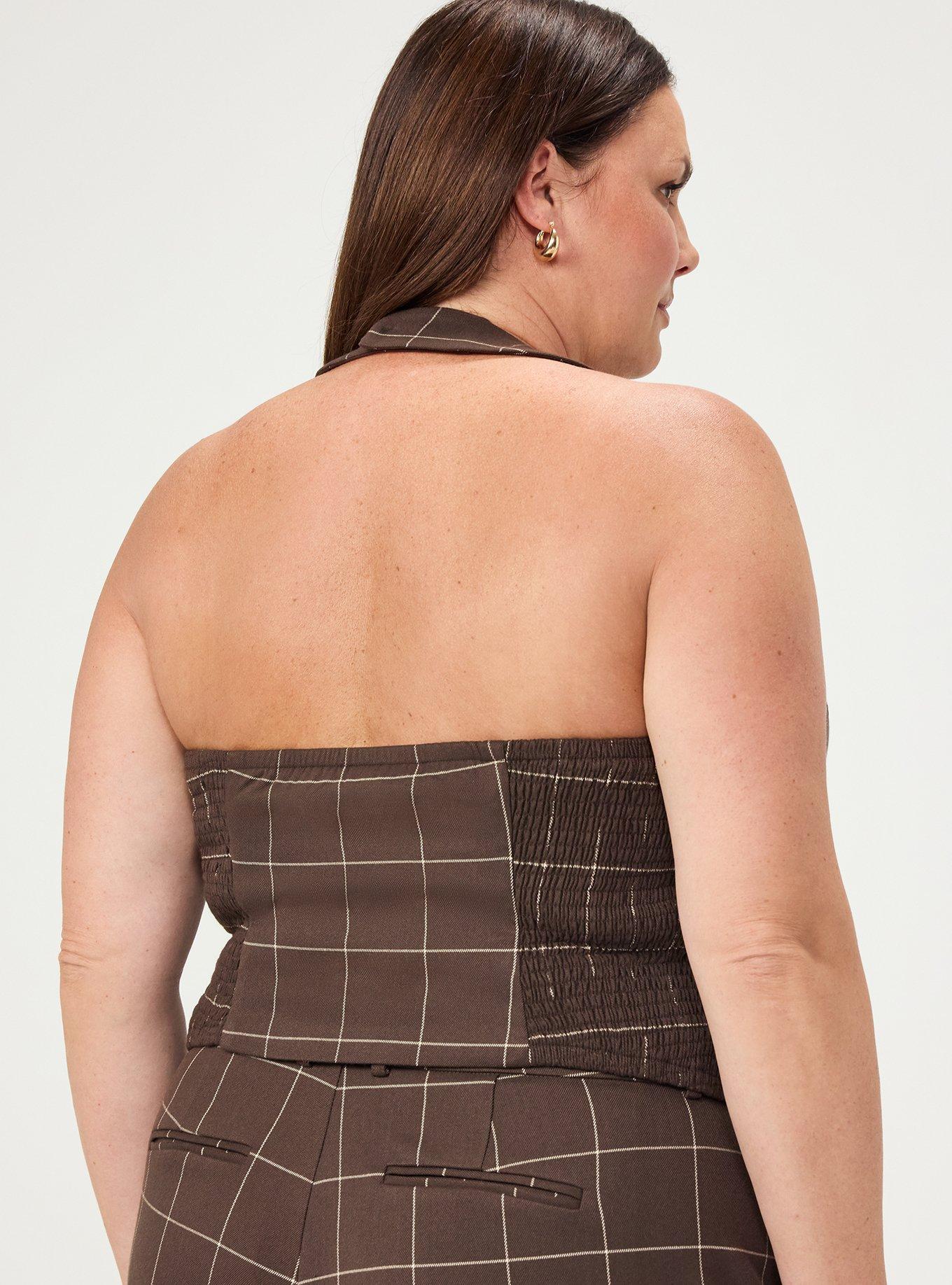 Plus Size Studio Luxe Twill Halter Top, THIN PANE PLAID BROWN, alternate