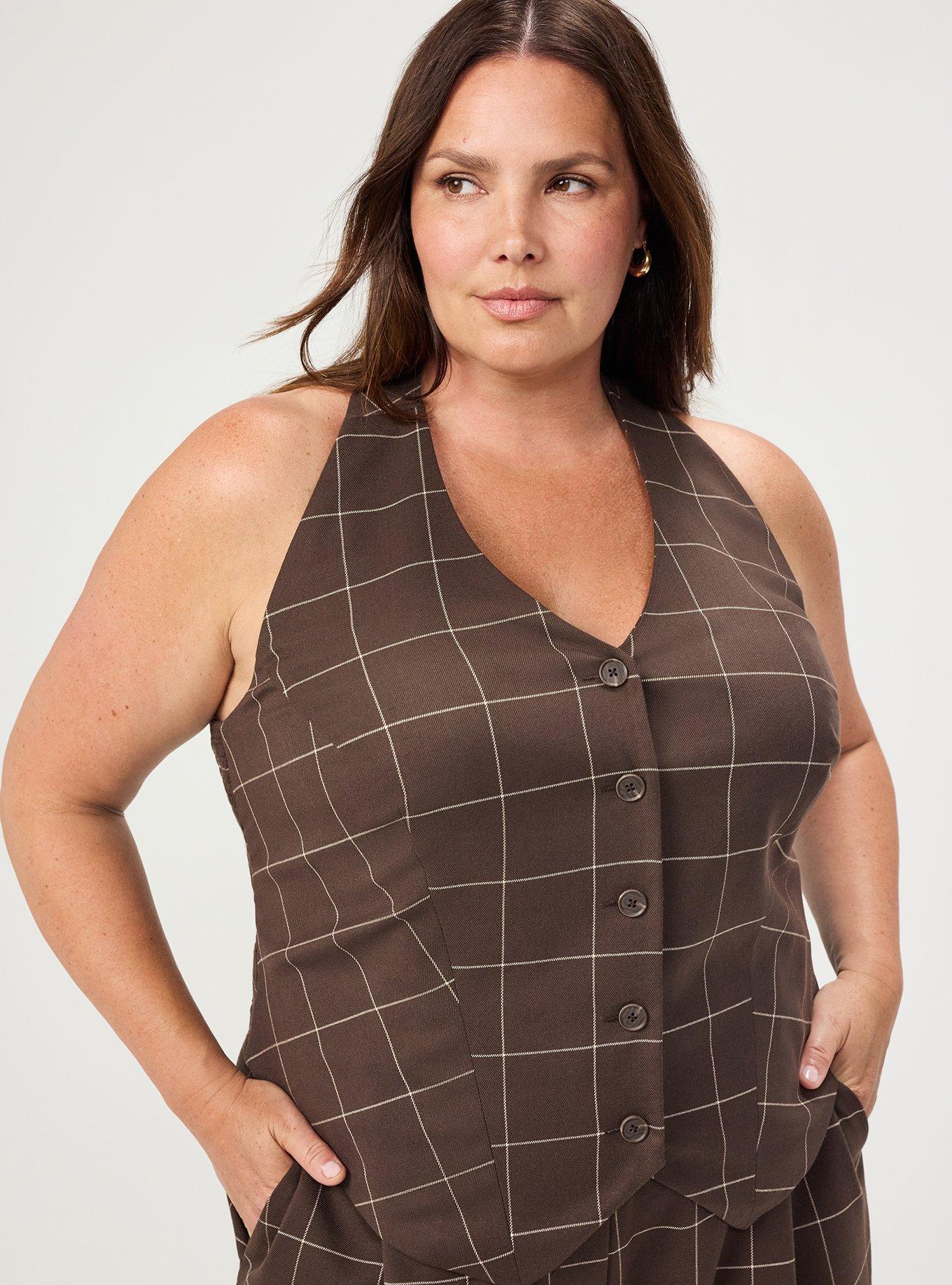 Plus Size Studio Luxe Twill Halter Top, THIN PANE PLAID BROWN, alternate
