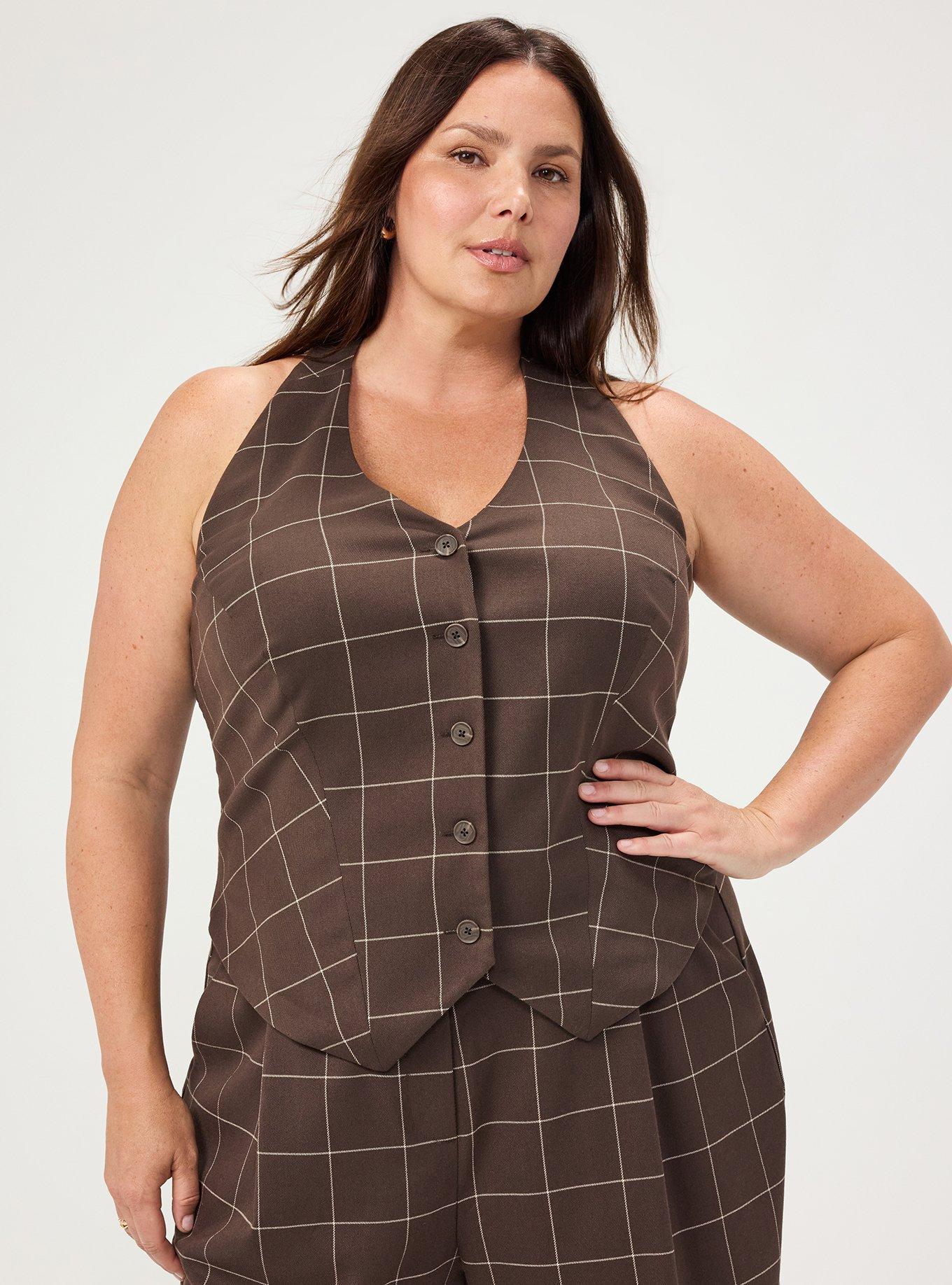 Plus Size Studio Luxe Twill Halter Top, THIN PANE PLAID BROWN, hi-res