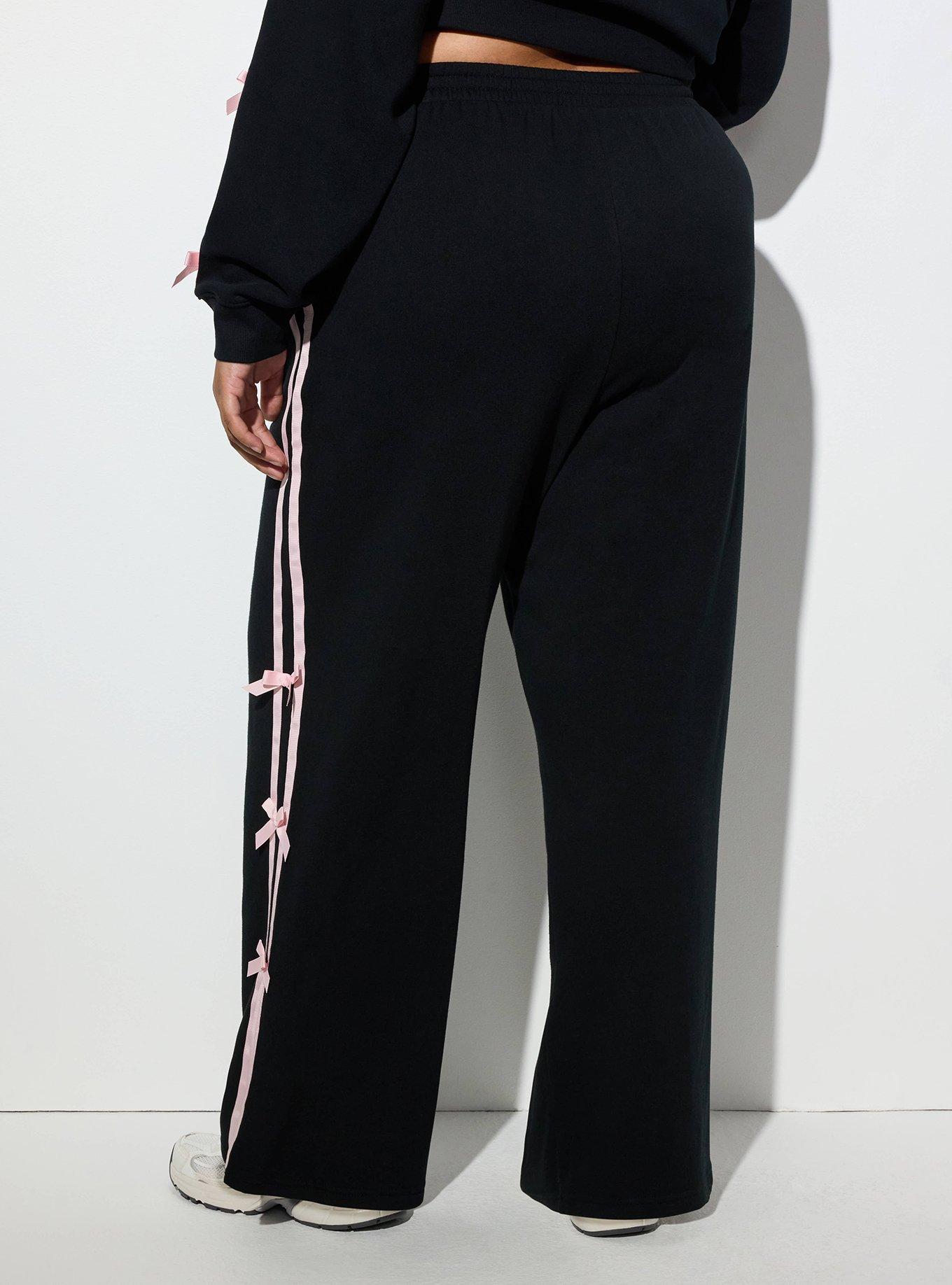 Plus Size LoveSick Bow Trim Wide Leg Sweatpant, DEEP BLACK, alternate