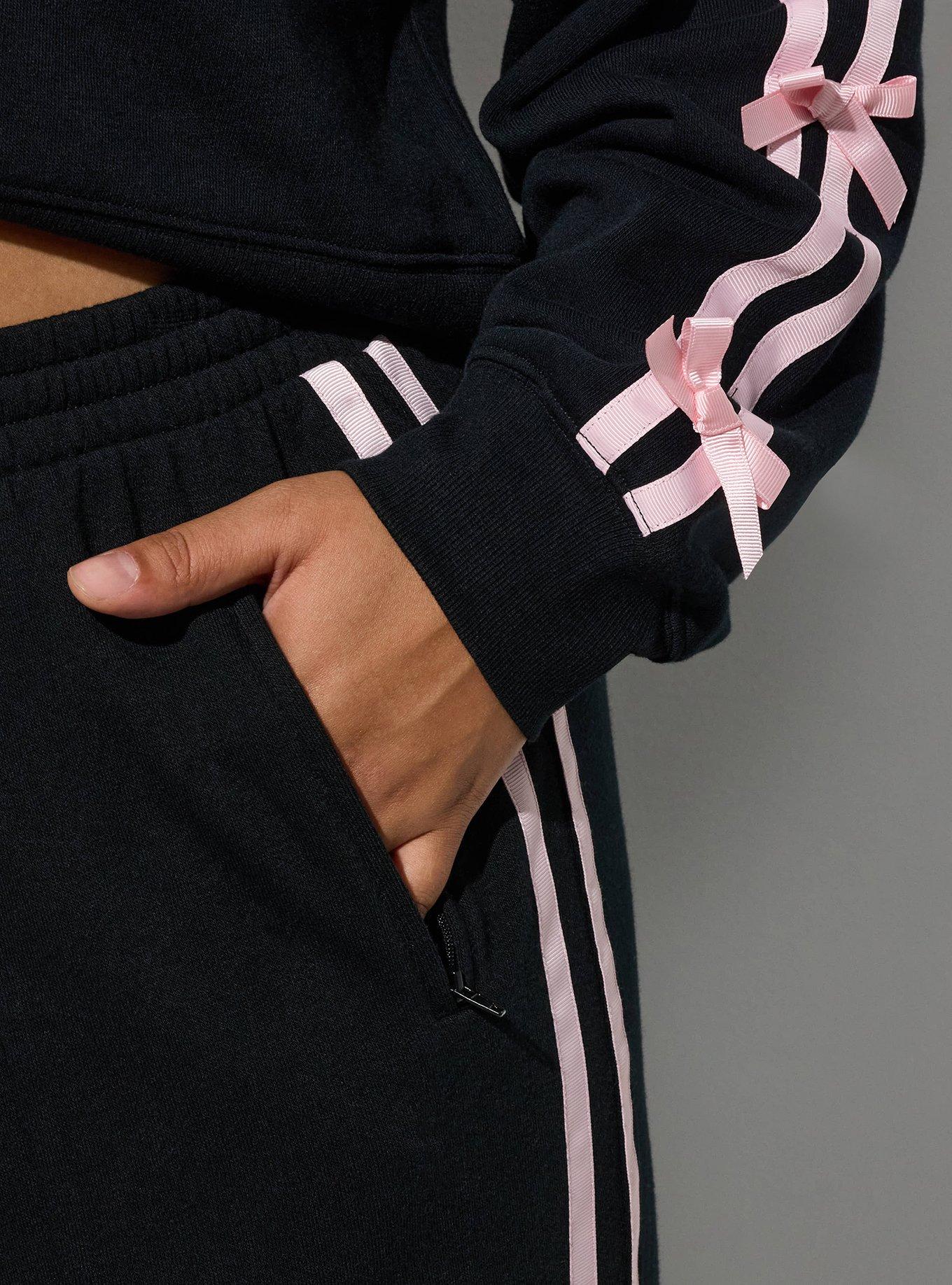 Plus Size LoveSick Bow Trim Wide Leg Sweatpant, DEEP BLACK, alternate