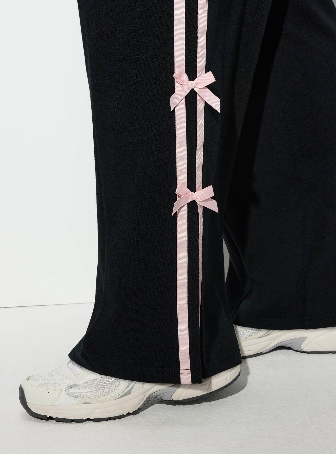 Plus Size LoveSick Bow Trim Wide Leg Sweatpant, DEEP BLACK, alternate