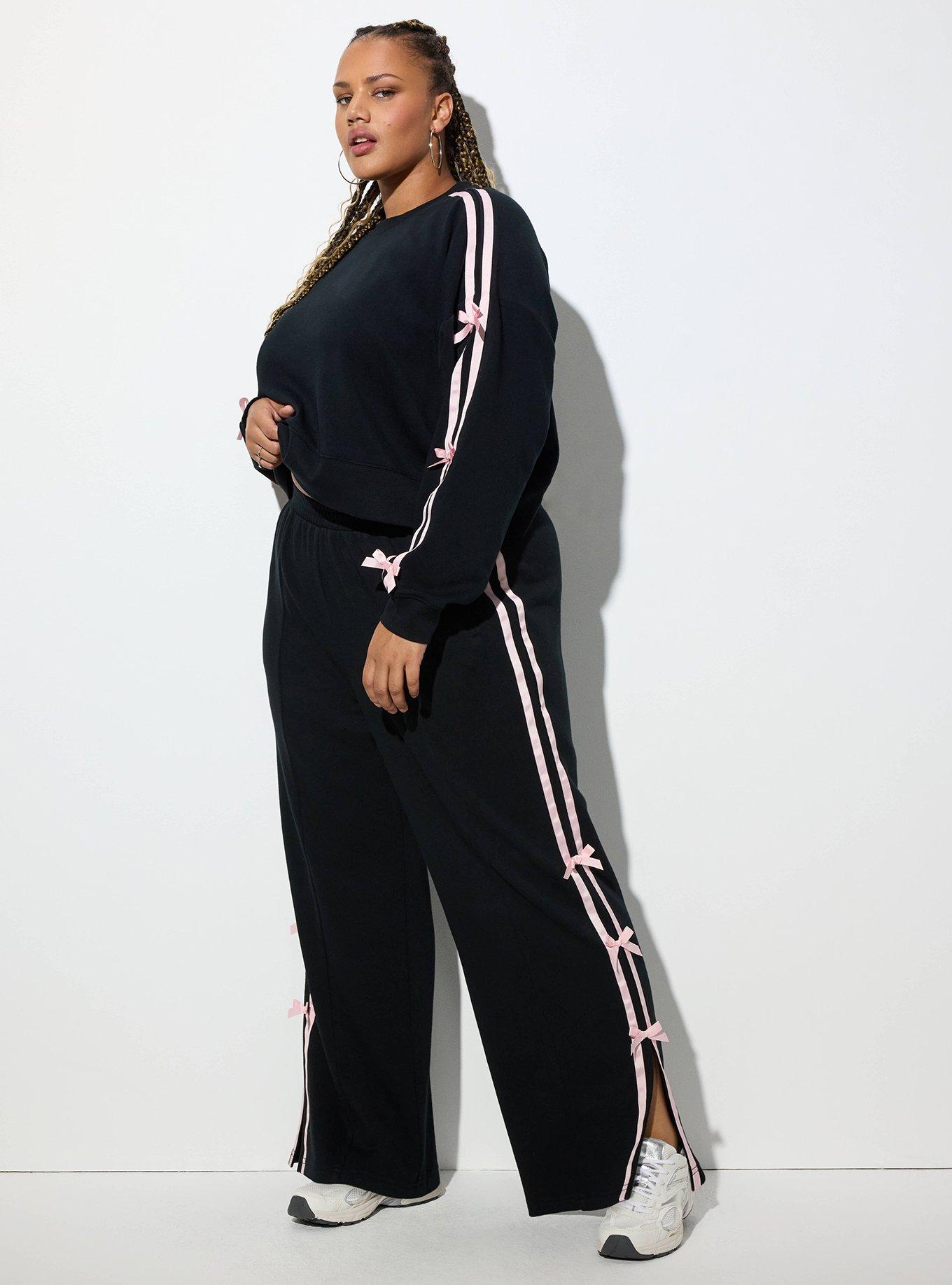 Plus Size LoveSick Bow Trim Wide Leg Sweatpant, DEEP BLACK, hi-res