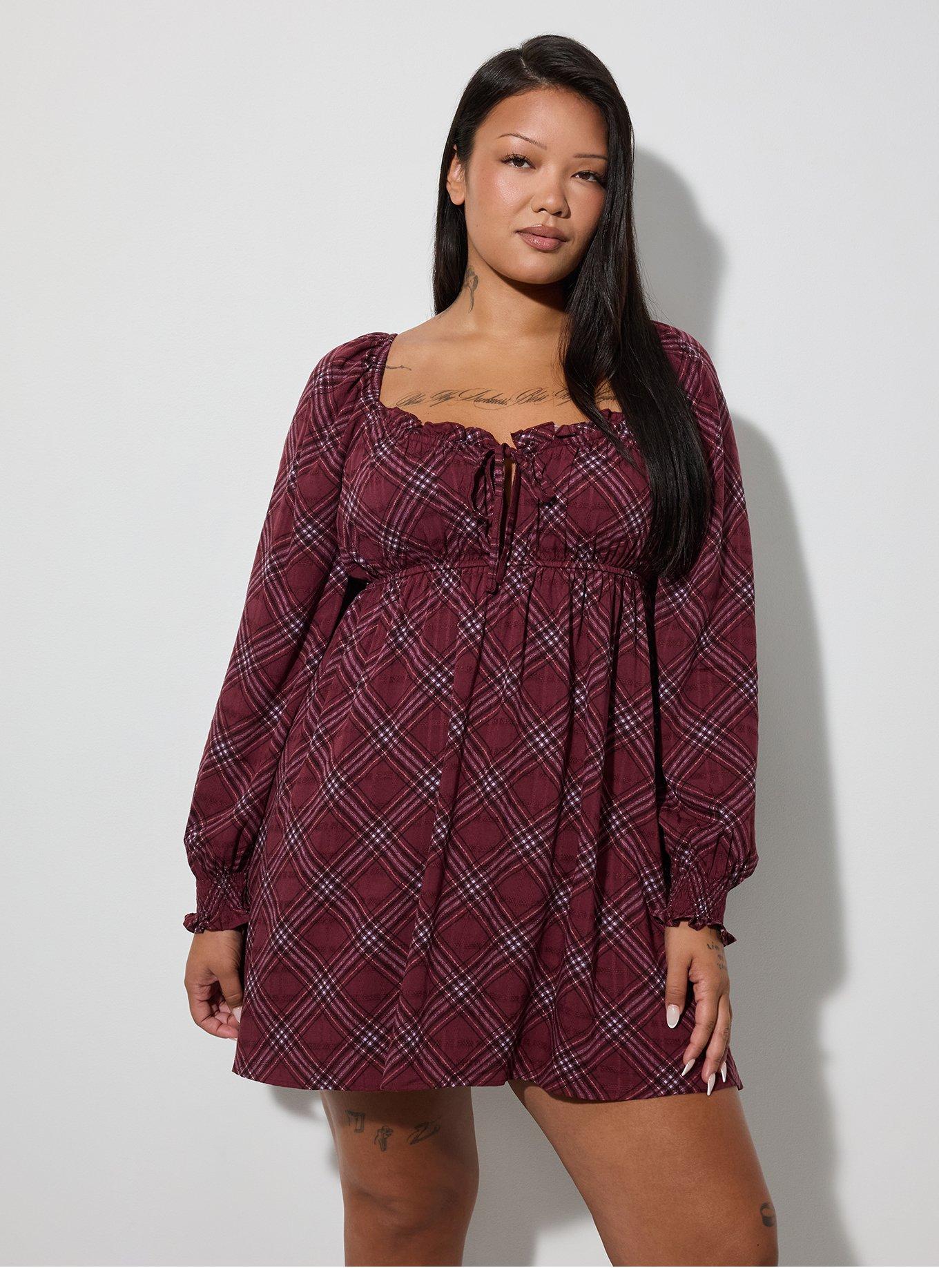 LoveSick Sweetheart Babydoll Mini Dress, CALLISTO PLAID BURGUNDY, alternate