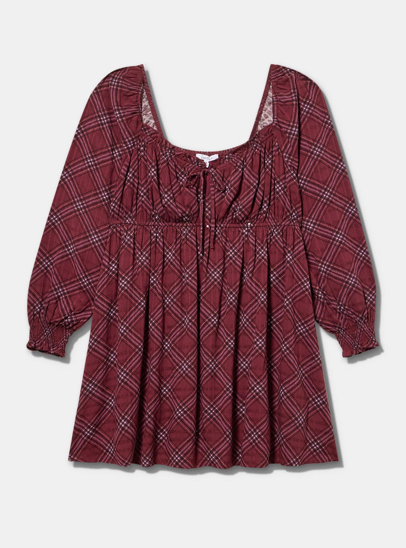 Plus Size LoveSick Sweetheart Babydoll Mini Dress, CALLISTO PLAID BURGUNDY, flat