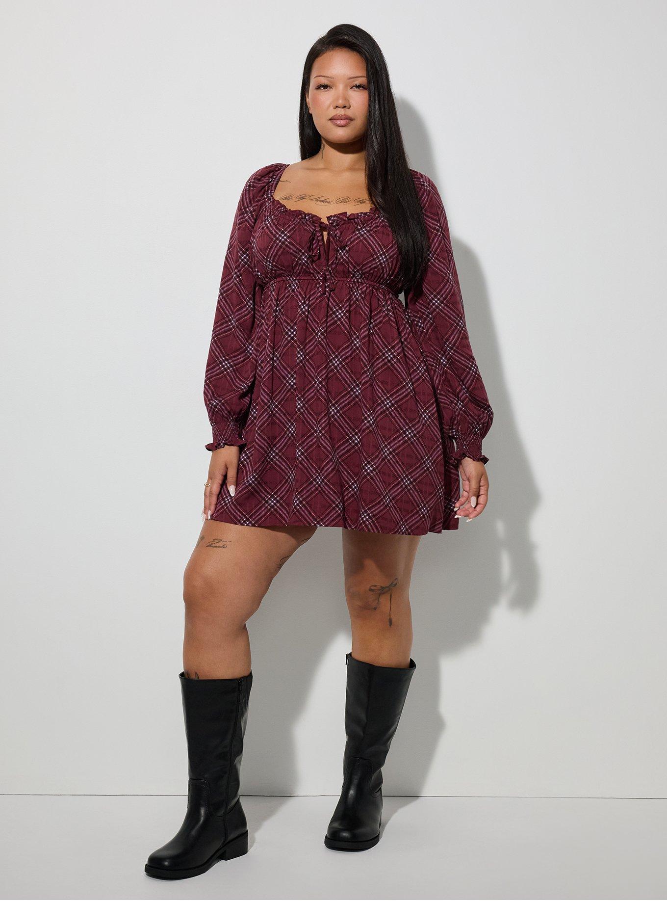 LoveSick Sweetheart Babydoll Mini Dress, CALLISTO PLAID BURGUNDY, hi-res