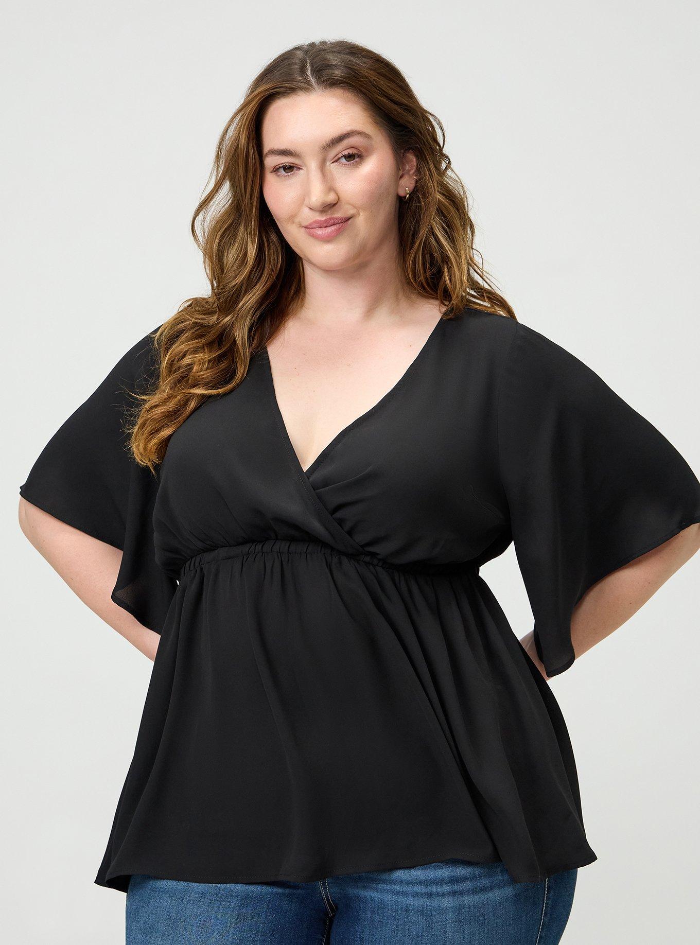 Georgette Surplice Babydoll Top, DEEP BLACK, hi-res