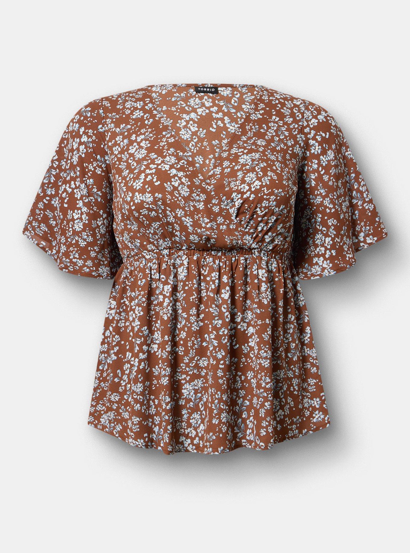 Georgette Surplice Babydoll Top, POSIES FLORAL BROWN, flat