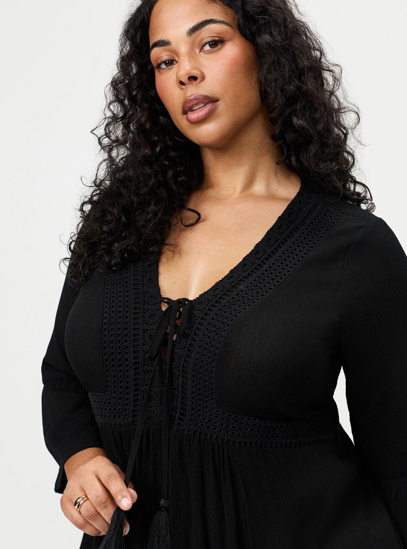Gauze Babydoll Lace Up Top, DEEP BLACK, alternate