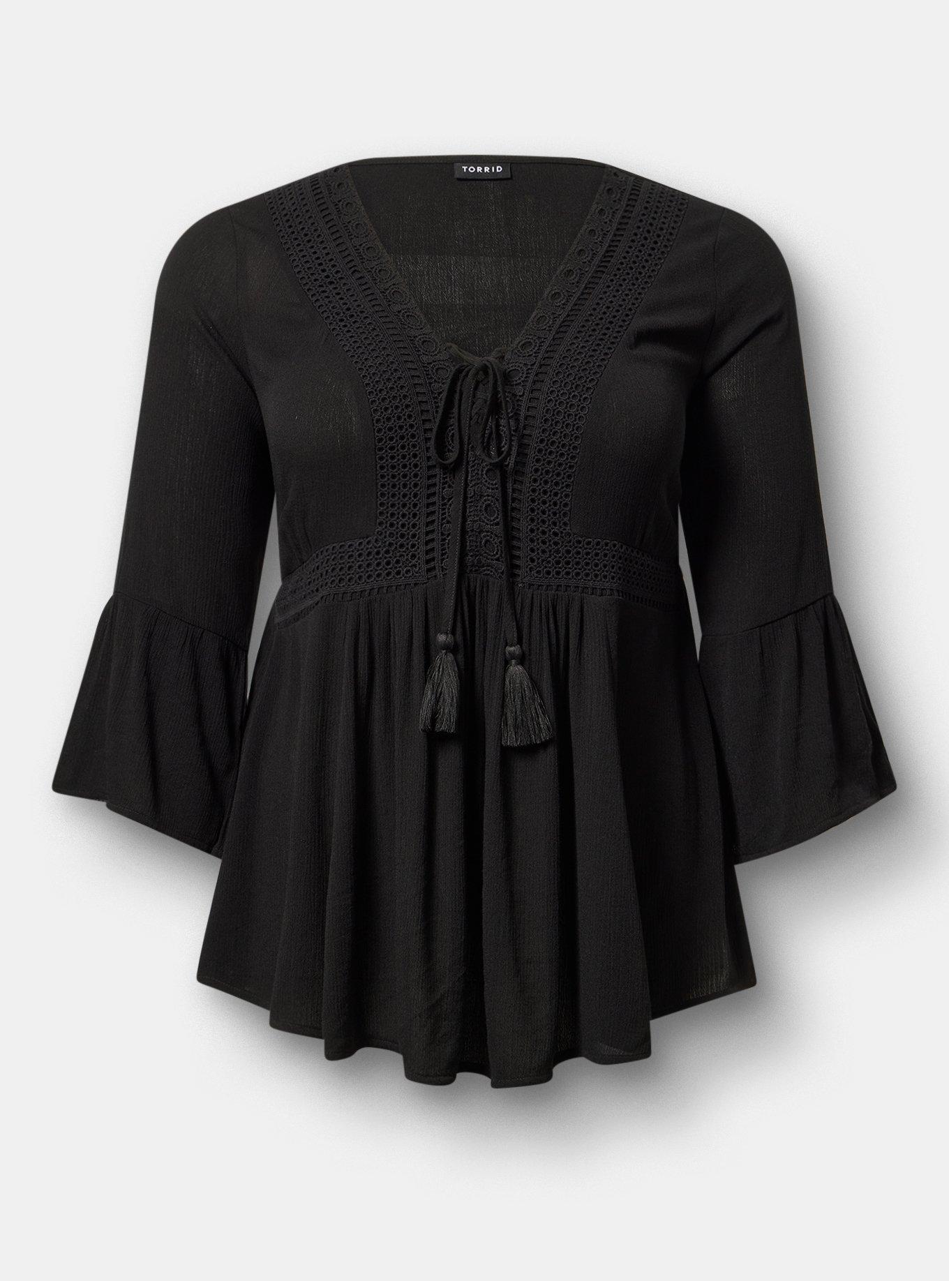 Gauze Babydoll Lace Up Top, DEEP BLACK, flat