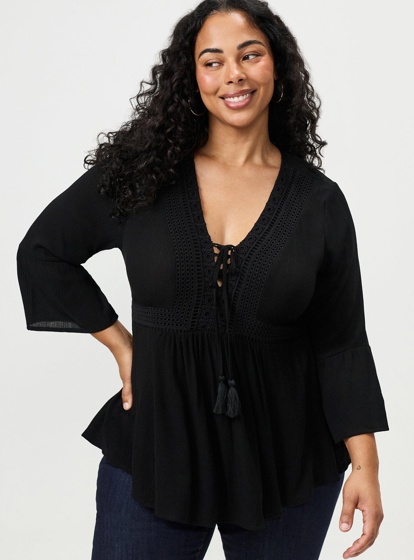 Gauze Babydoll Lace Up Top, DEEP BLACK, hi-res