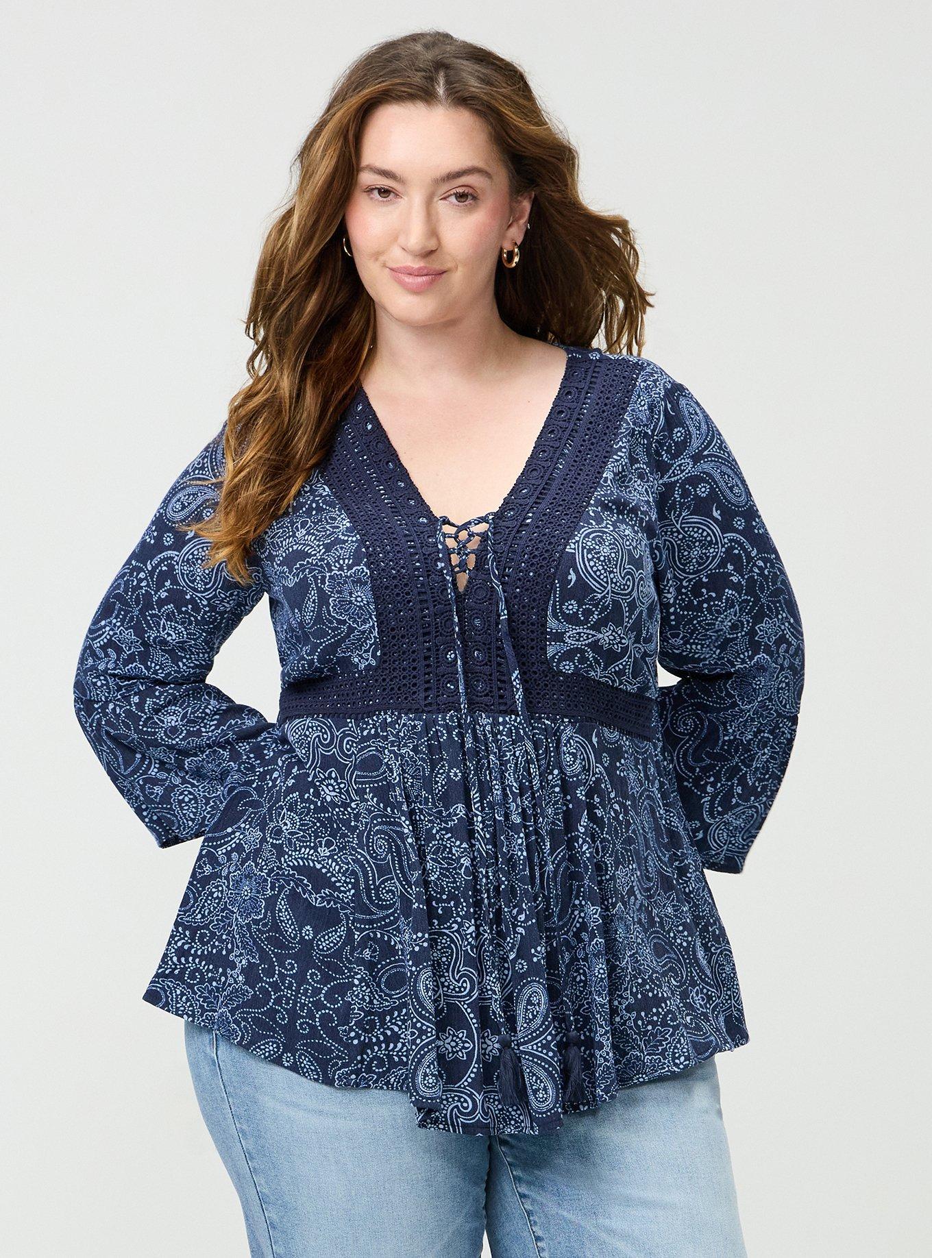 Gauze Babydoll Lace Up Top, DOTTED PAISLEY BANDANNA NAVY, alternate