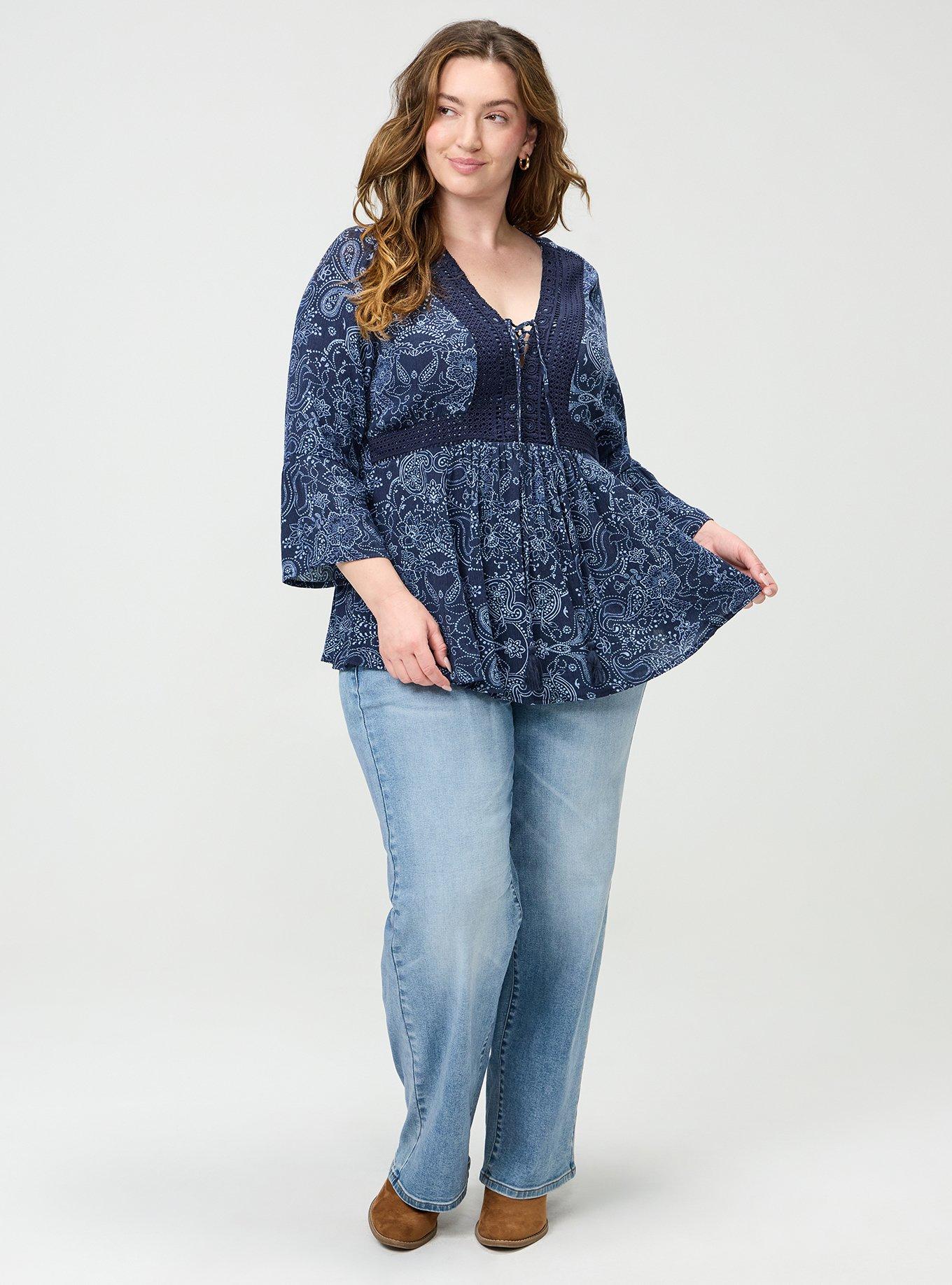 Gauze Babydoll Lace Up Top, DOTTED PAISLEY BANDANNA NAVY, alternate