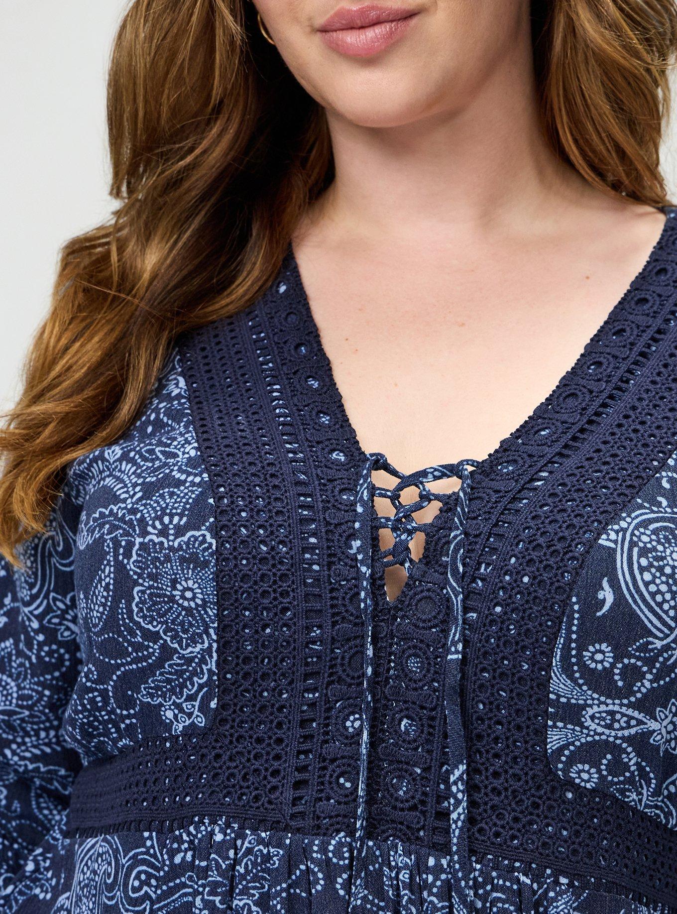 Gauze Babydoll Lace Up Top, DOTTED PAISLEY BANDANNA NAVY, alternate