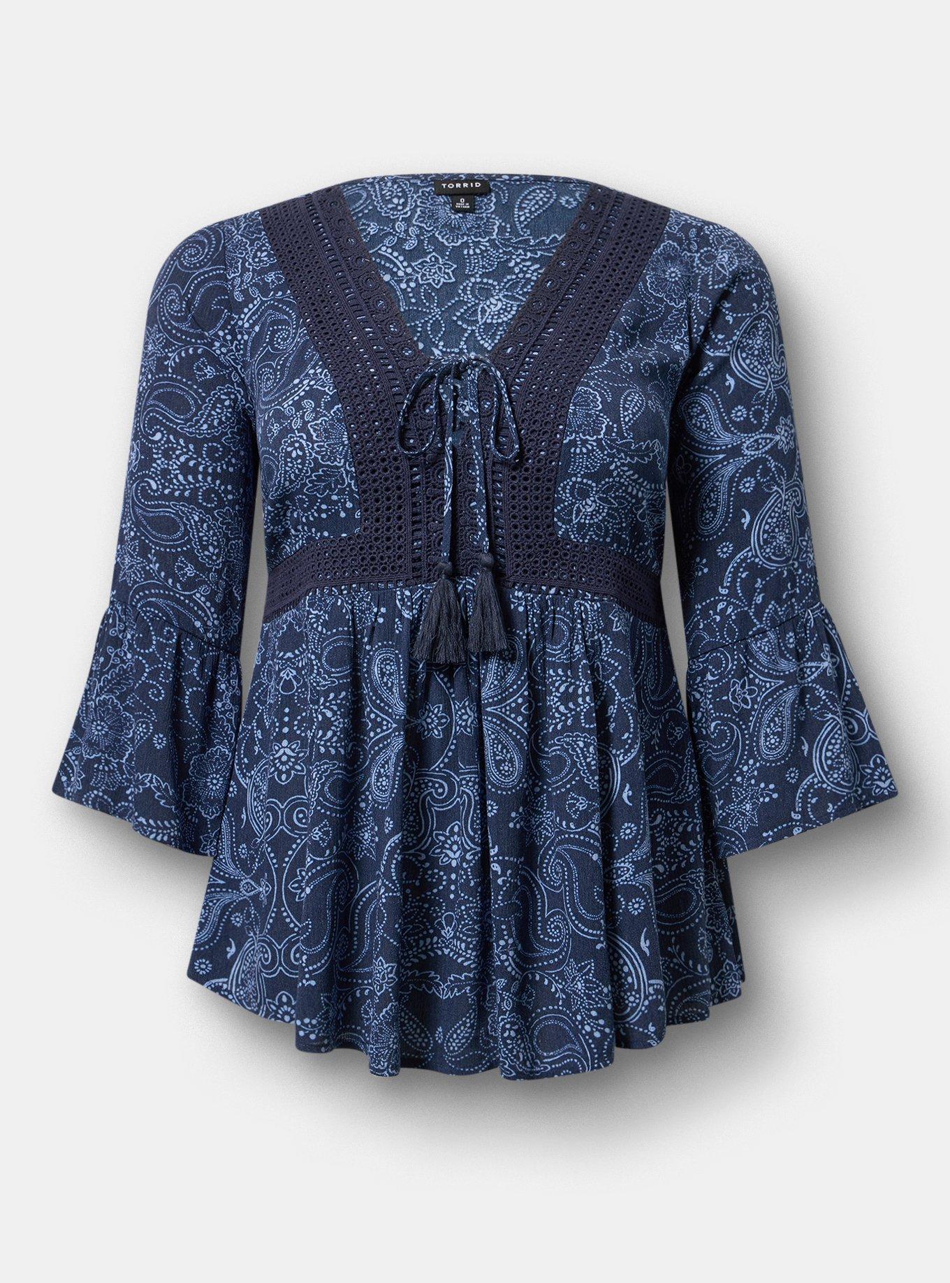 Gauze Babydoll Lace Up Top, DOTTED PAISLEY BANDANNA NAVY, flat