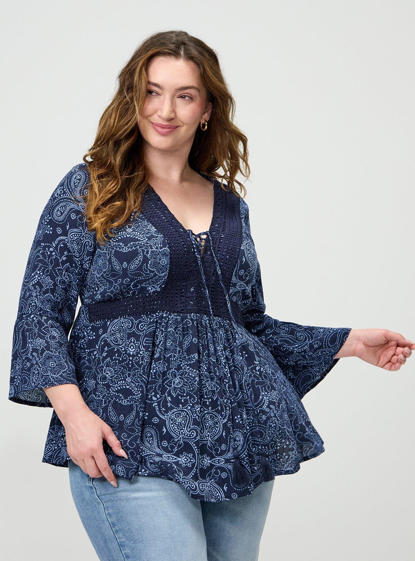 Gauze Babydoll Lace Up Top, DOTTED PAISLEY BANDANNA NAVY, hi-res