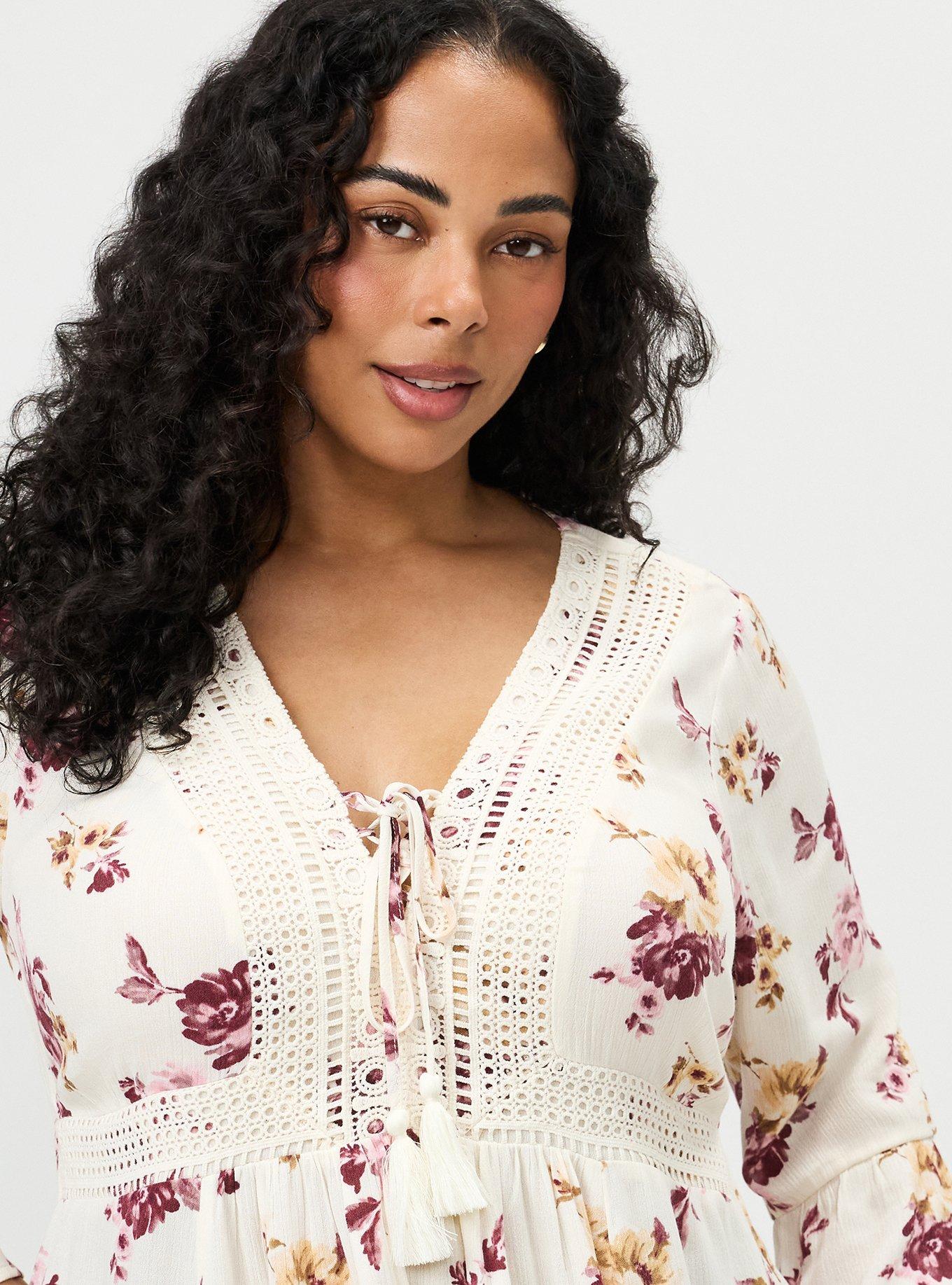 Gauze Babydoll Lace Up Top, ROSEY LIGHT FLORAL IVORY, alternate