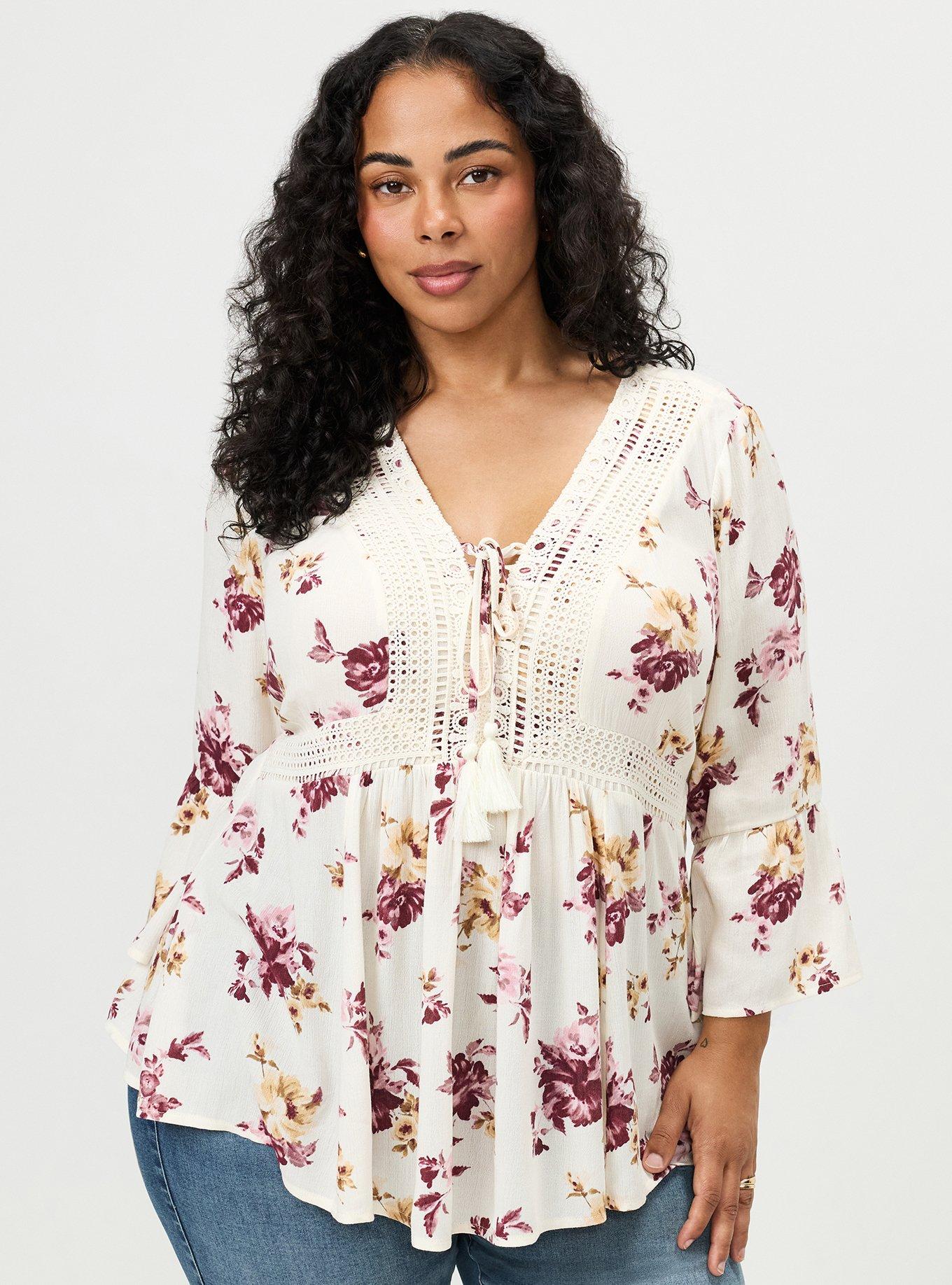 Gauze Babydoll Lace Up Top, ROSEY LIGHT FLORAL IVORY, alternate